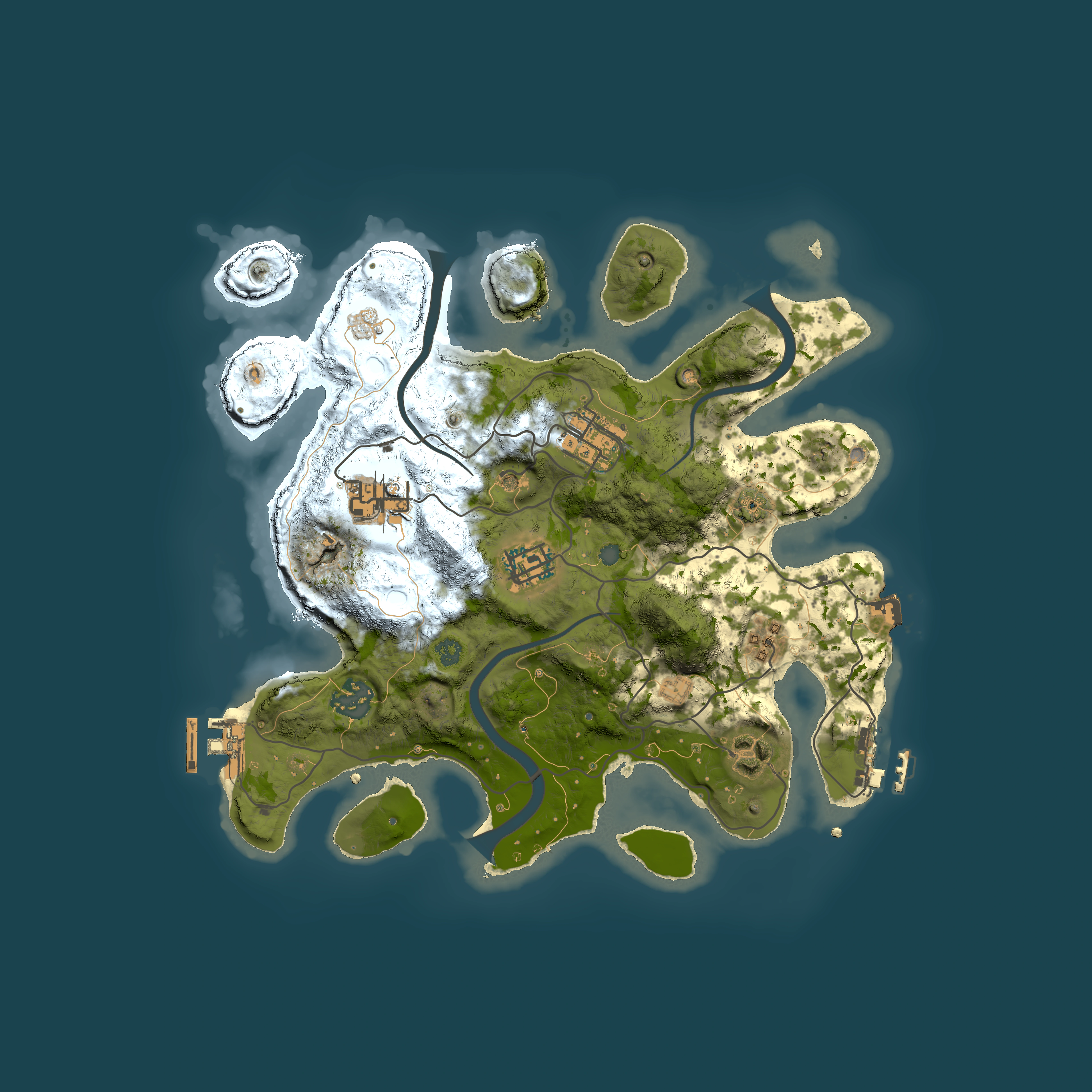 Full top-down render of Rust map seed 909048553, 3000x3000m