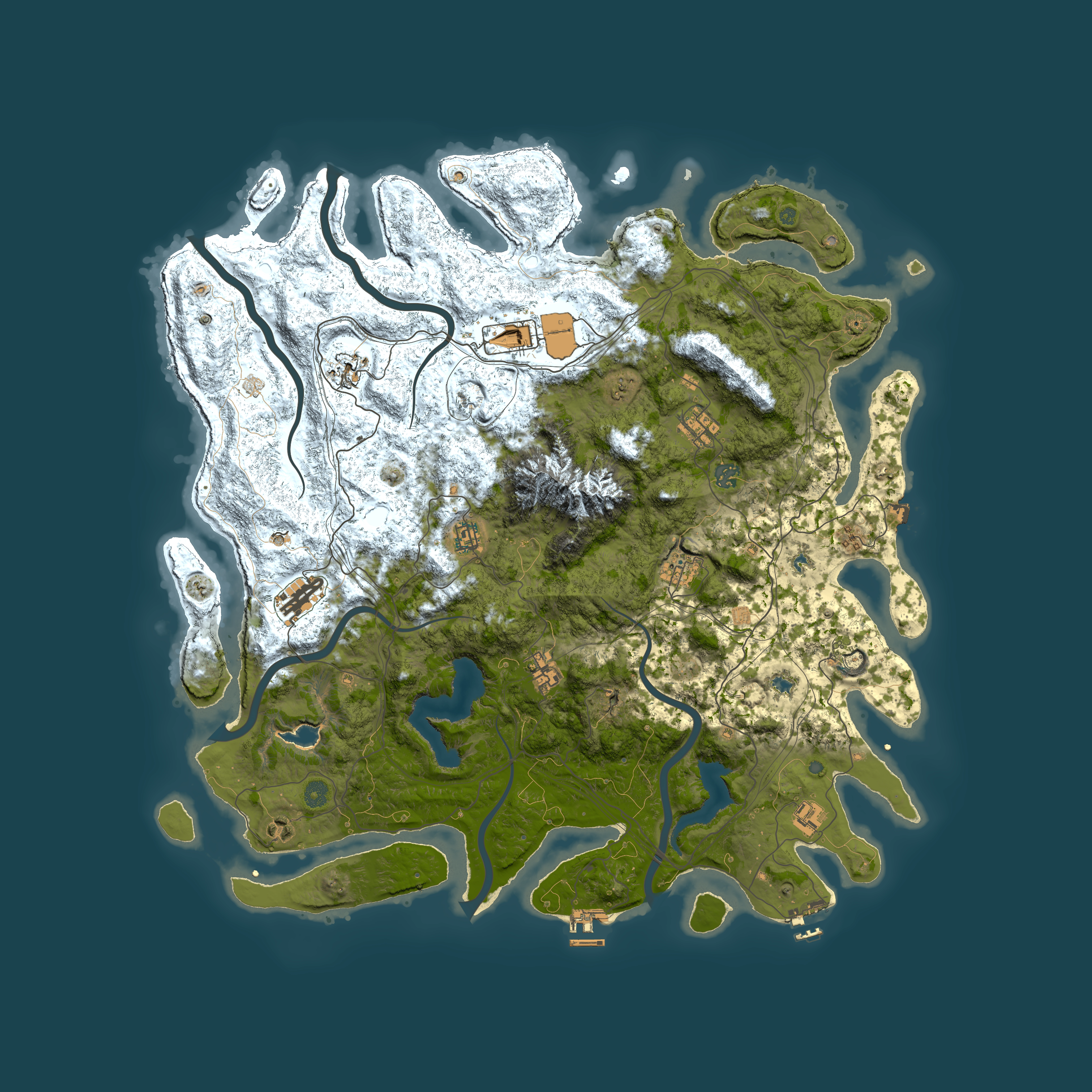 Full top-down render of Rust map seed 14332662, 5000x5000m