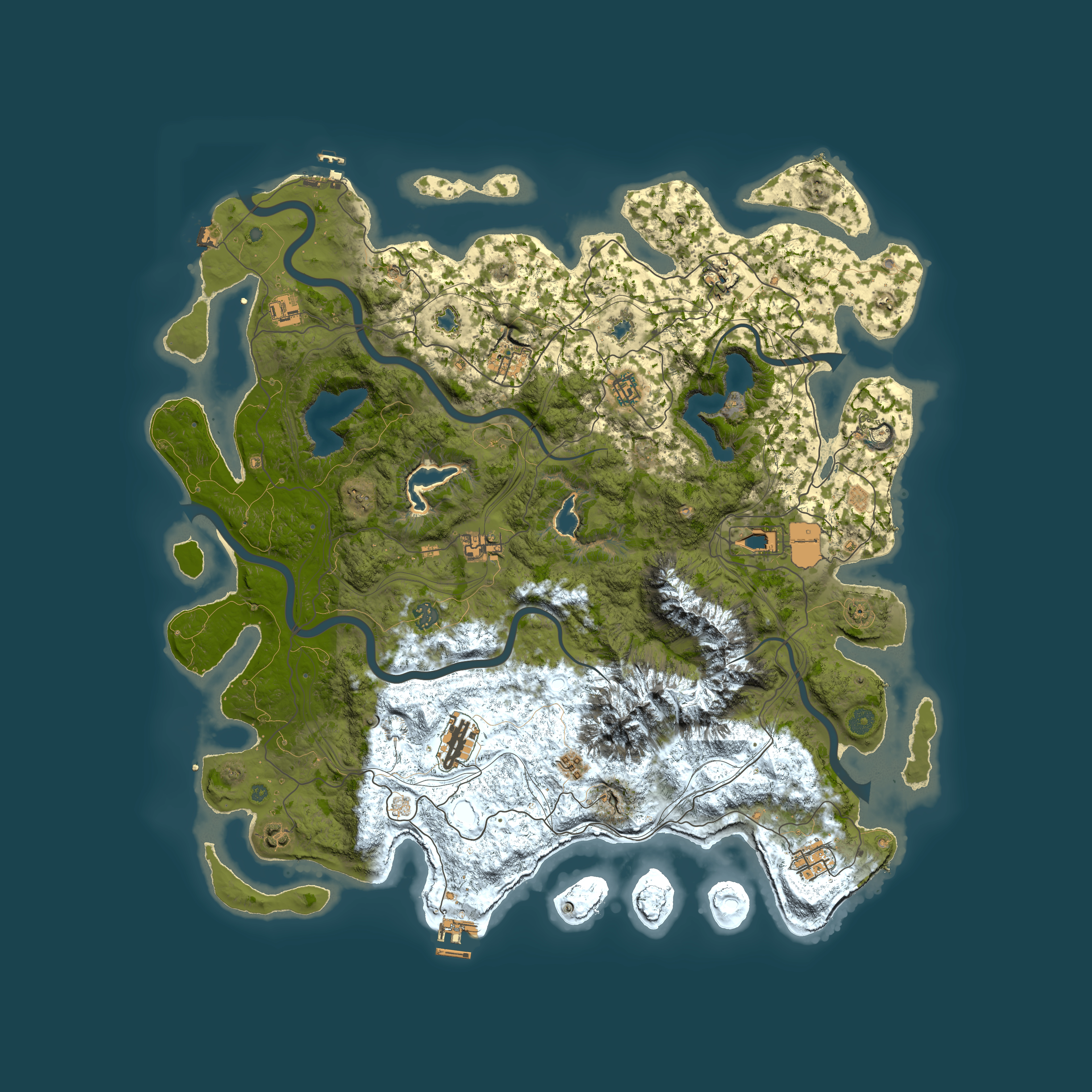 Full top-down render of Rust map seed 1664744385, 5000x5000m