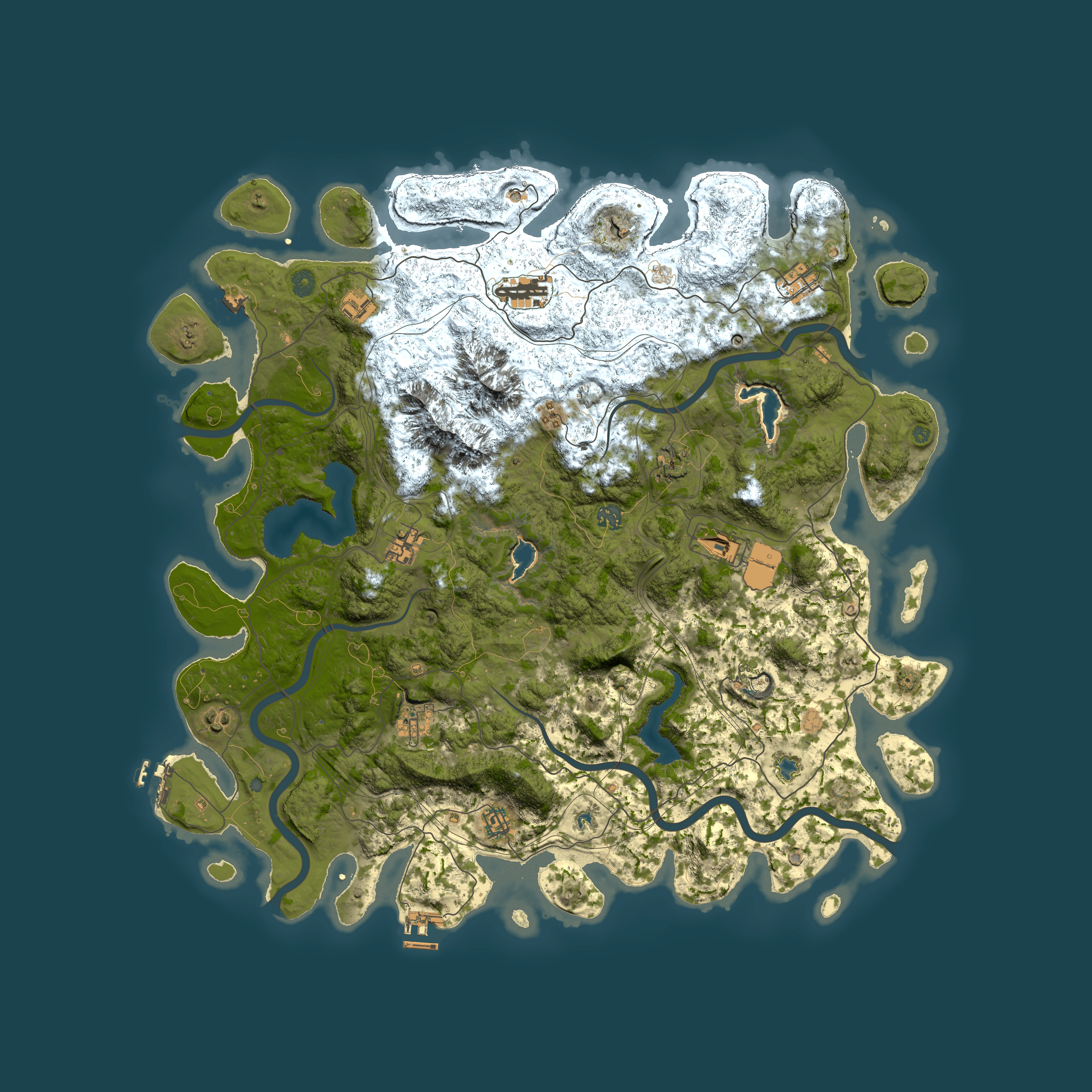 Full top-down render of Rust map seed 697851077, 5000x5000m