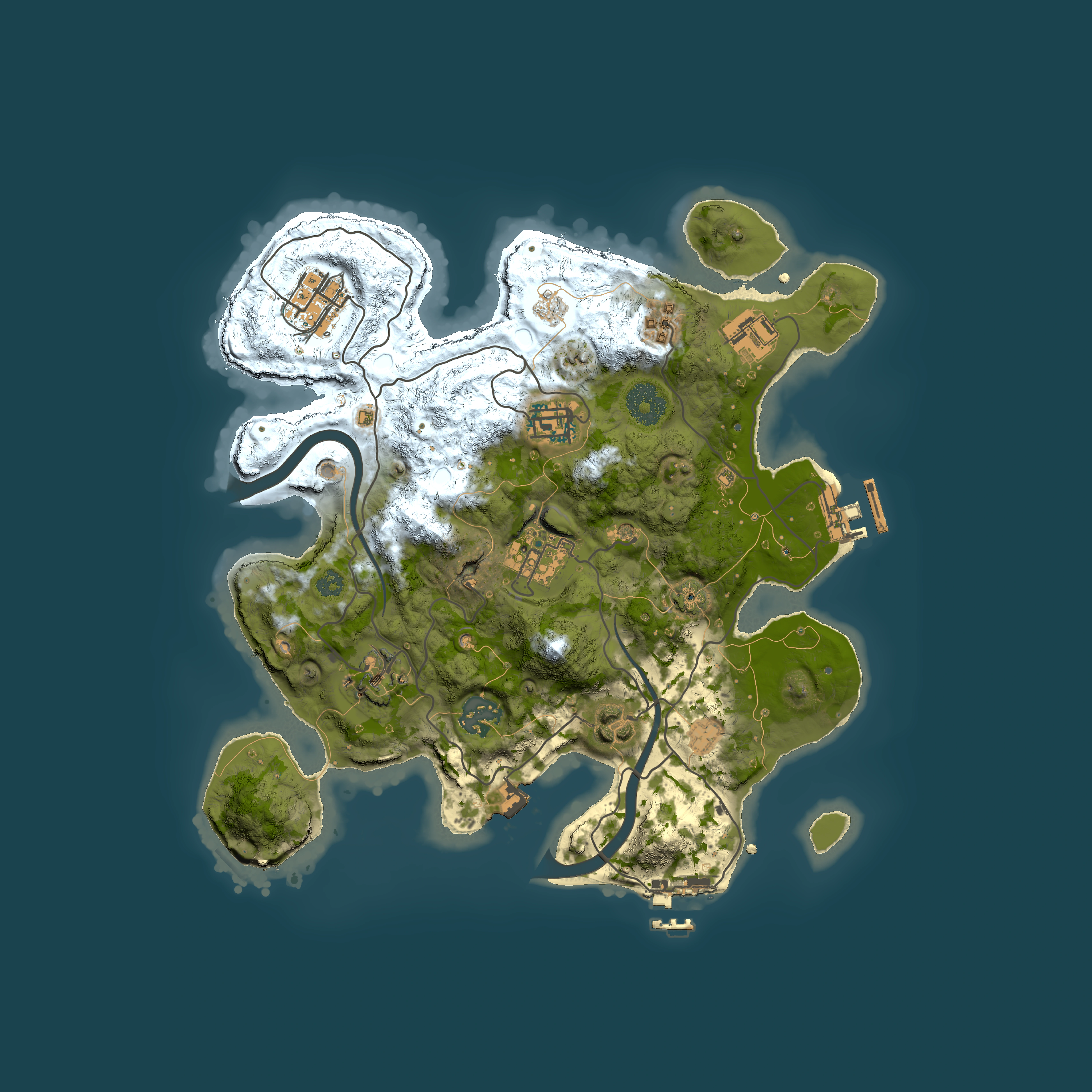 Full top-down render of Rust map seed 128612938, 3000x3000m