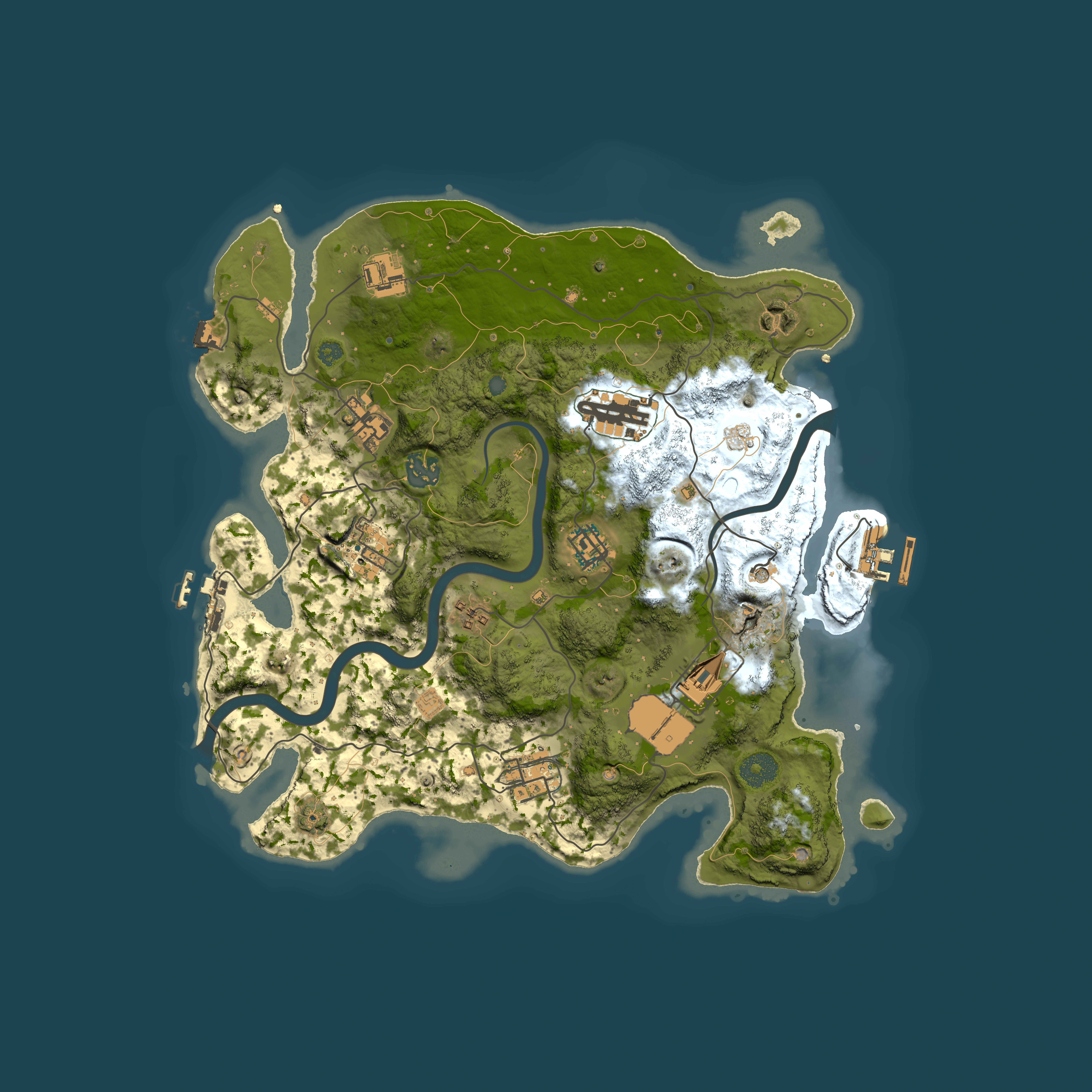Full top-down render of Rust map seed 0, 3500x3500m
