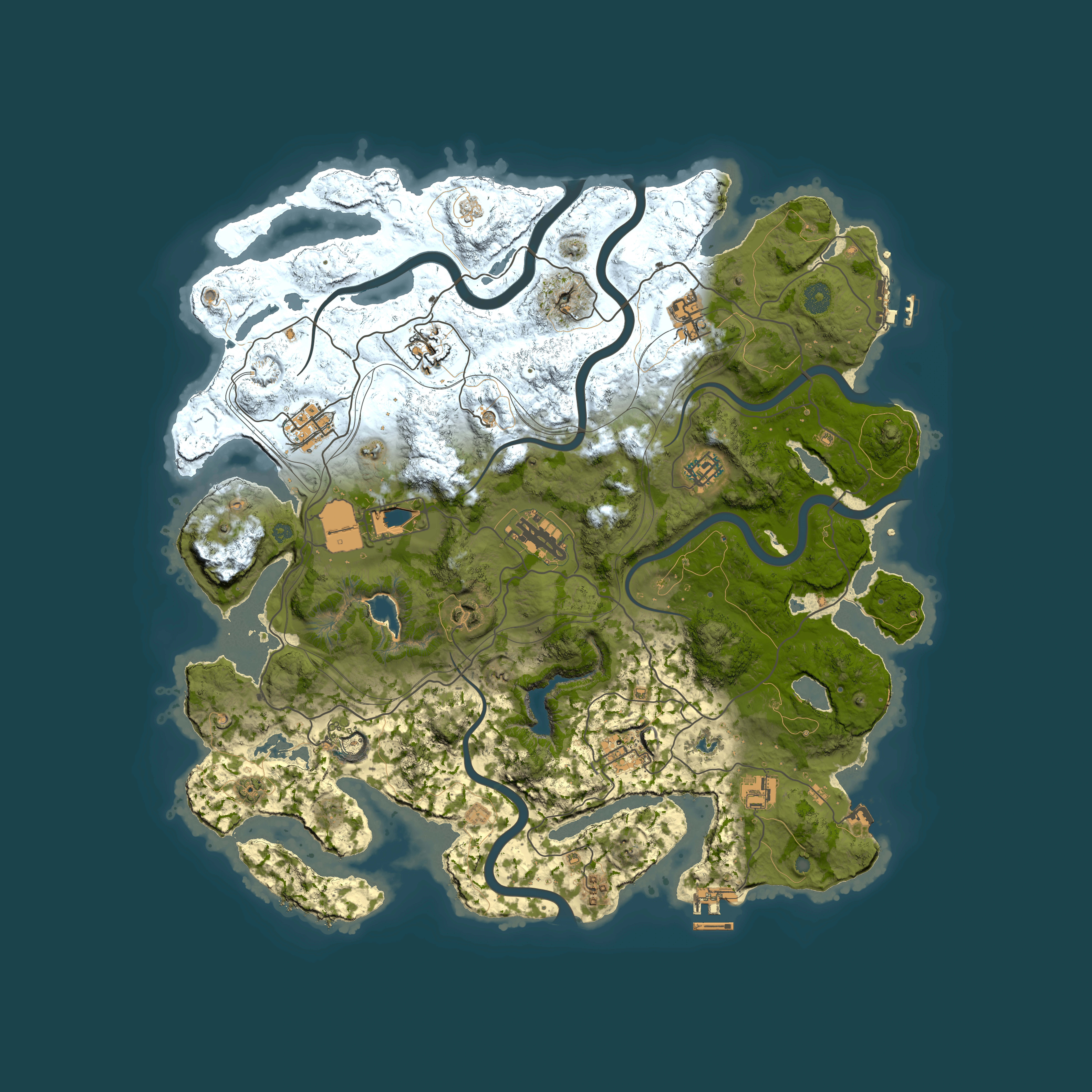 Full top-down render of Rust map seed 1858, 4250x4250m