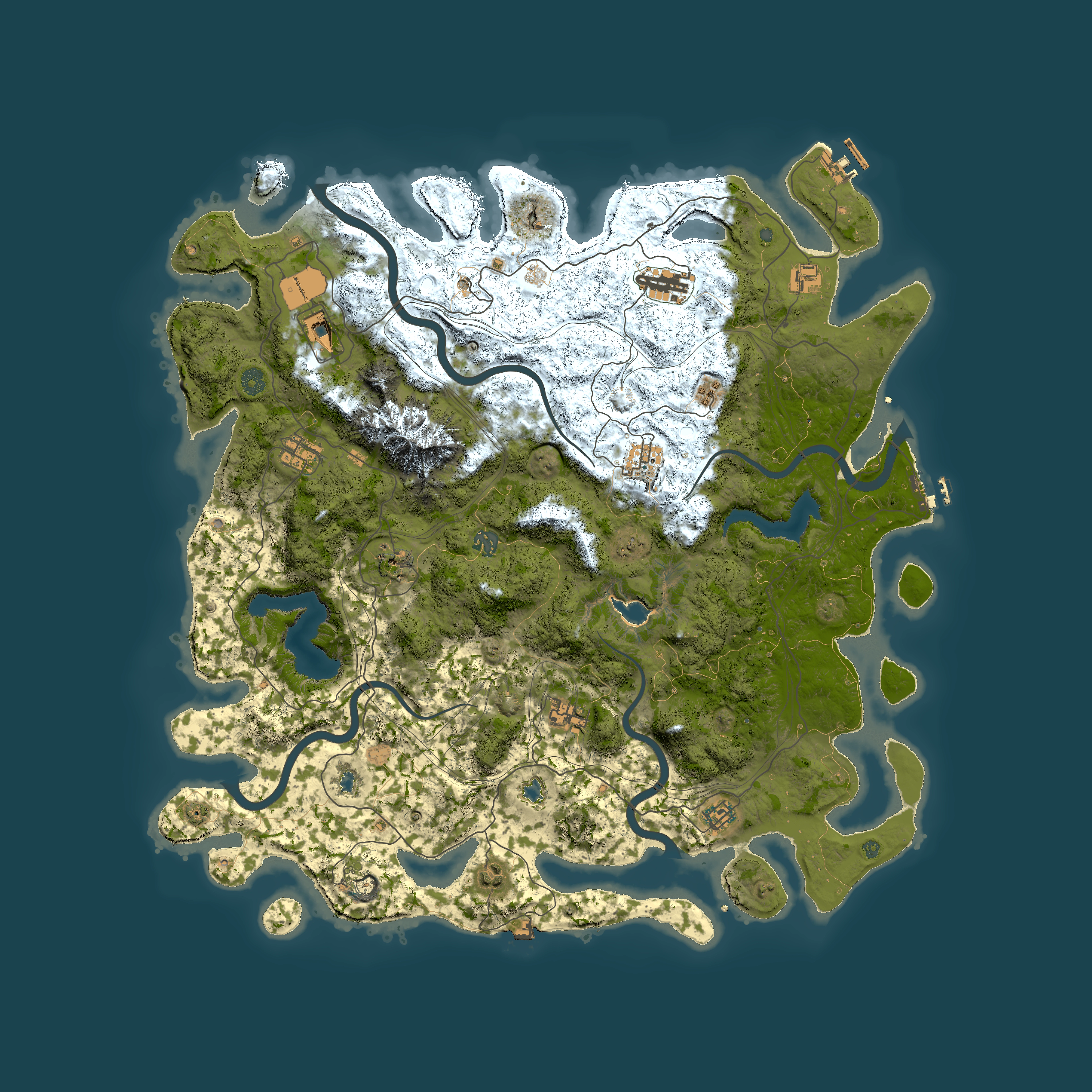 Full top-down render of Rust map seed 392947731, 5000x5000m