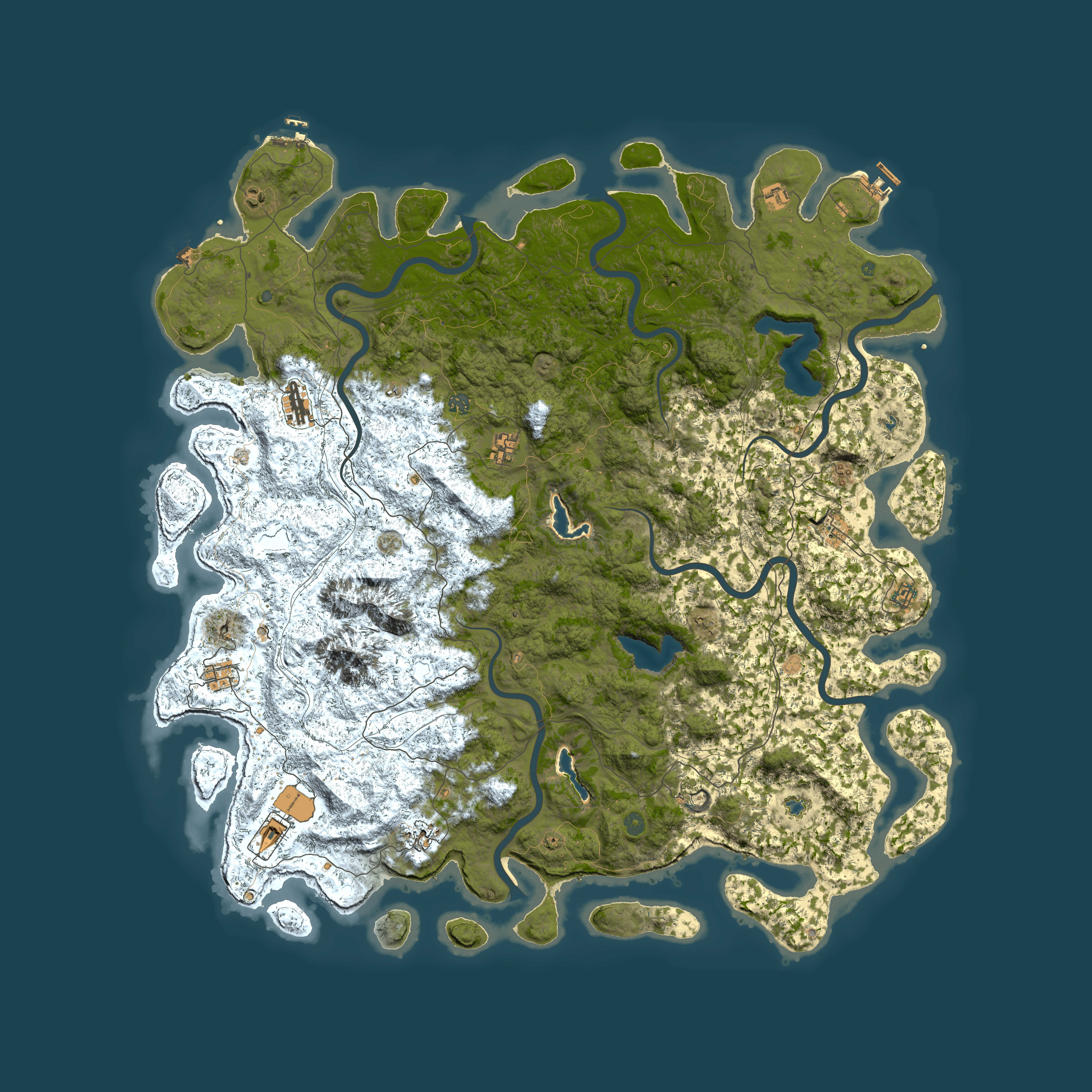 Full top-down render of Rust map seed 357621343, 6000x6000m