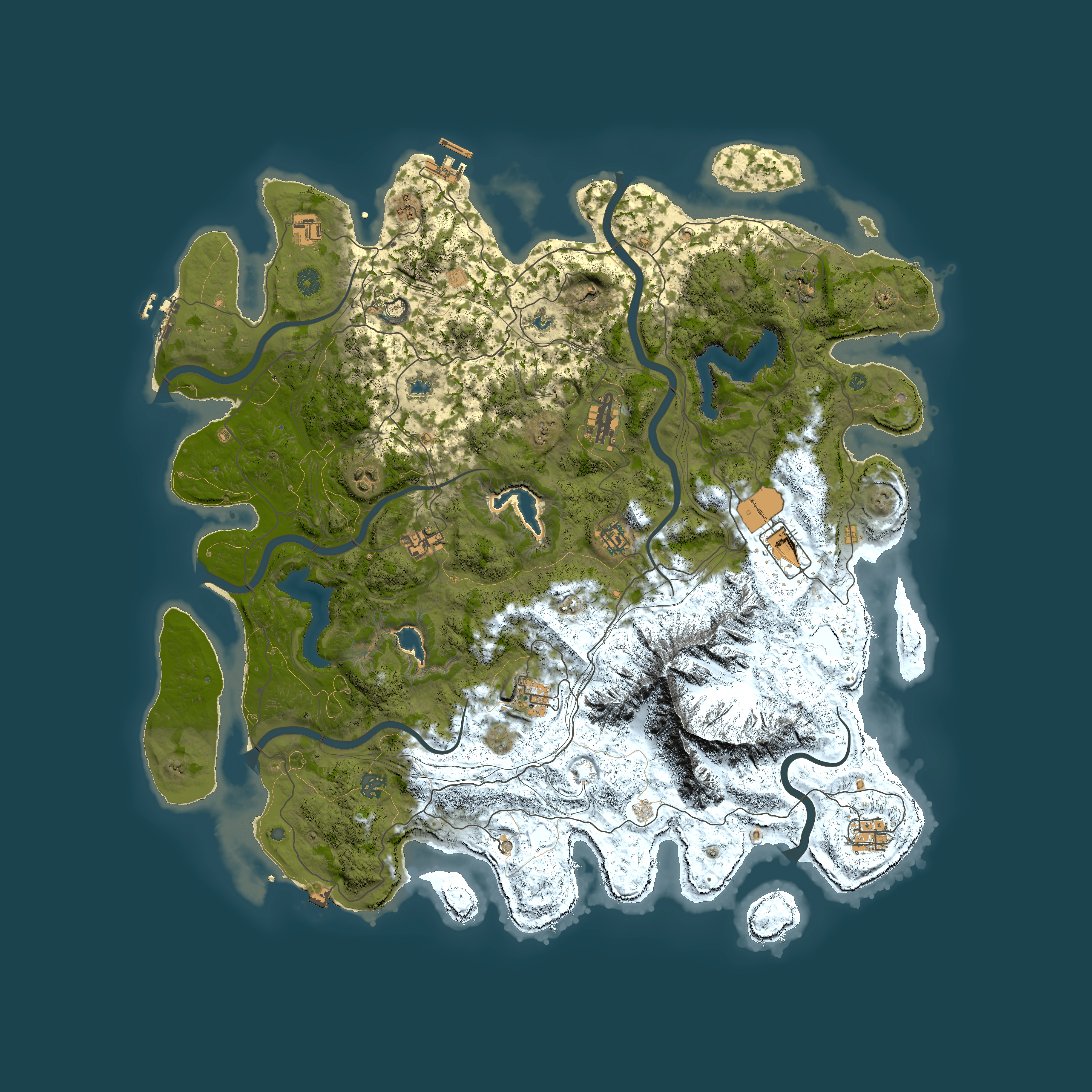 Full top-down render of Rust map seed 238142142, 5000x5000m