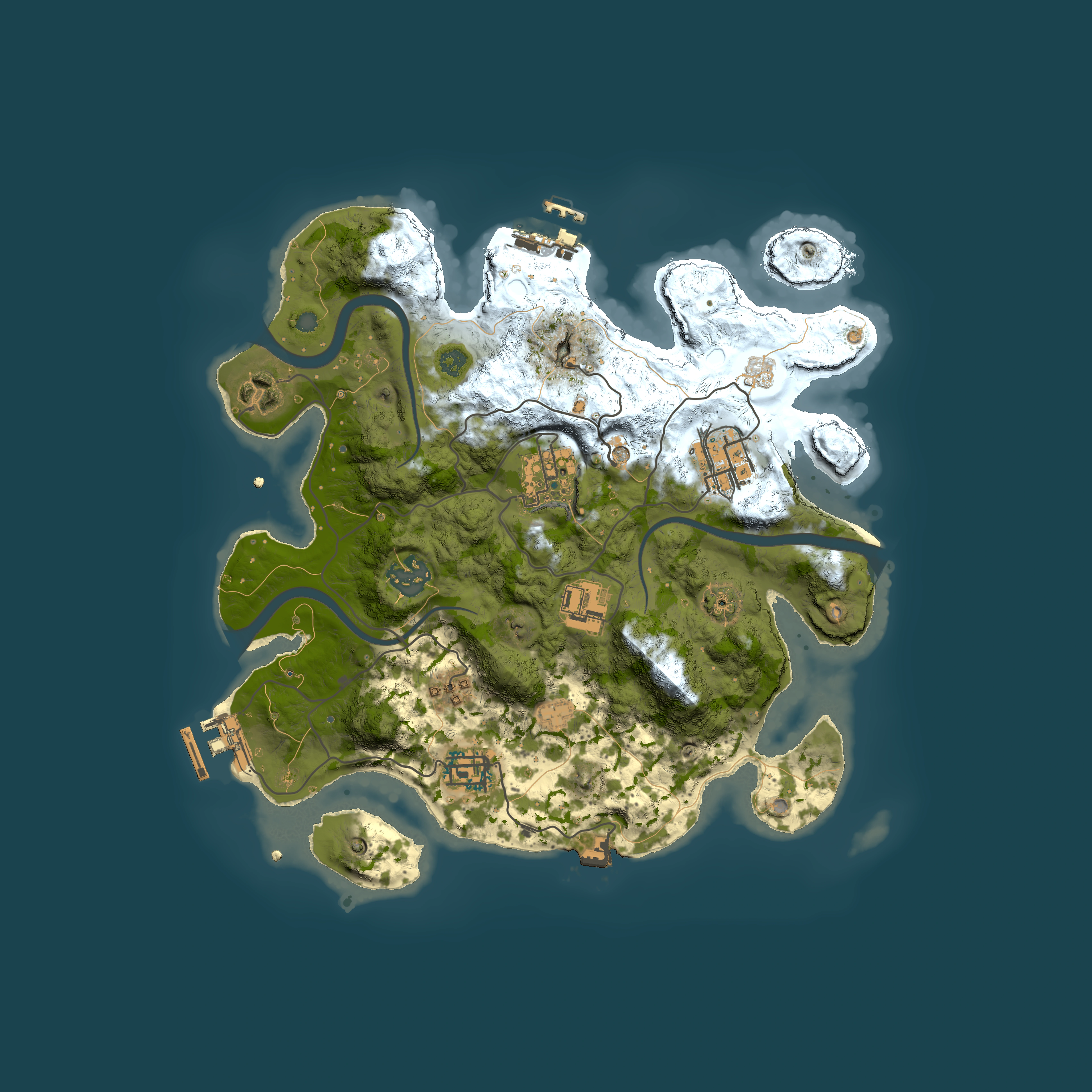 Full top-down render of Rust map seed 129382645, 3000x3000m