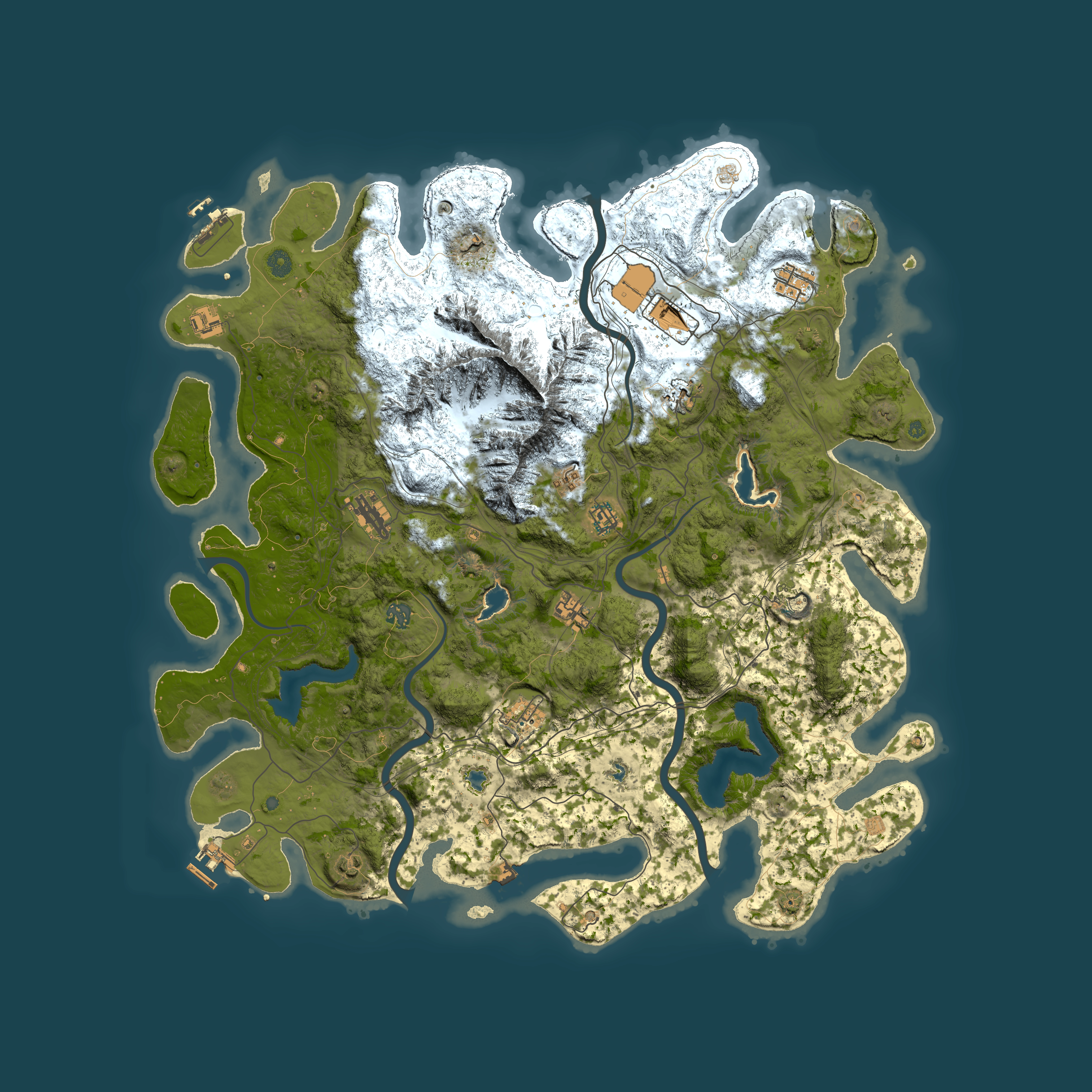 Full top-down render of Rust map seed 140387411, 5000x5000m