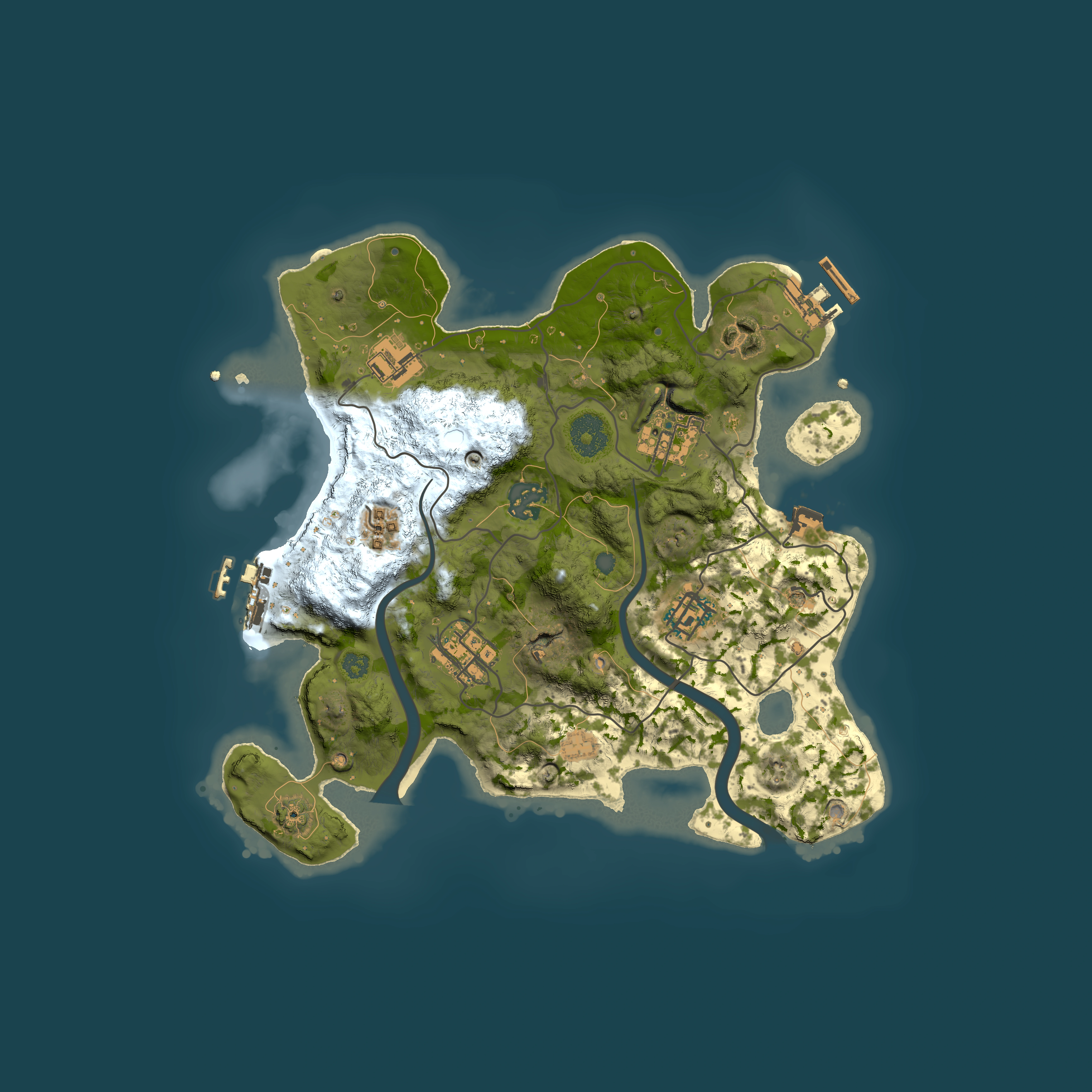 Full top-down render of Rust map seed 1736209740, 3000x3000m