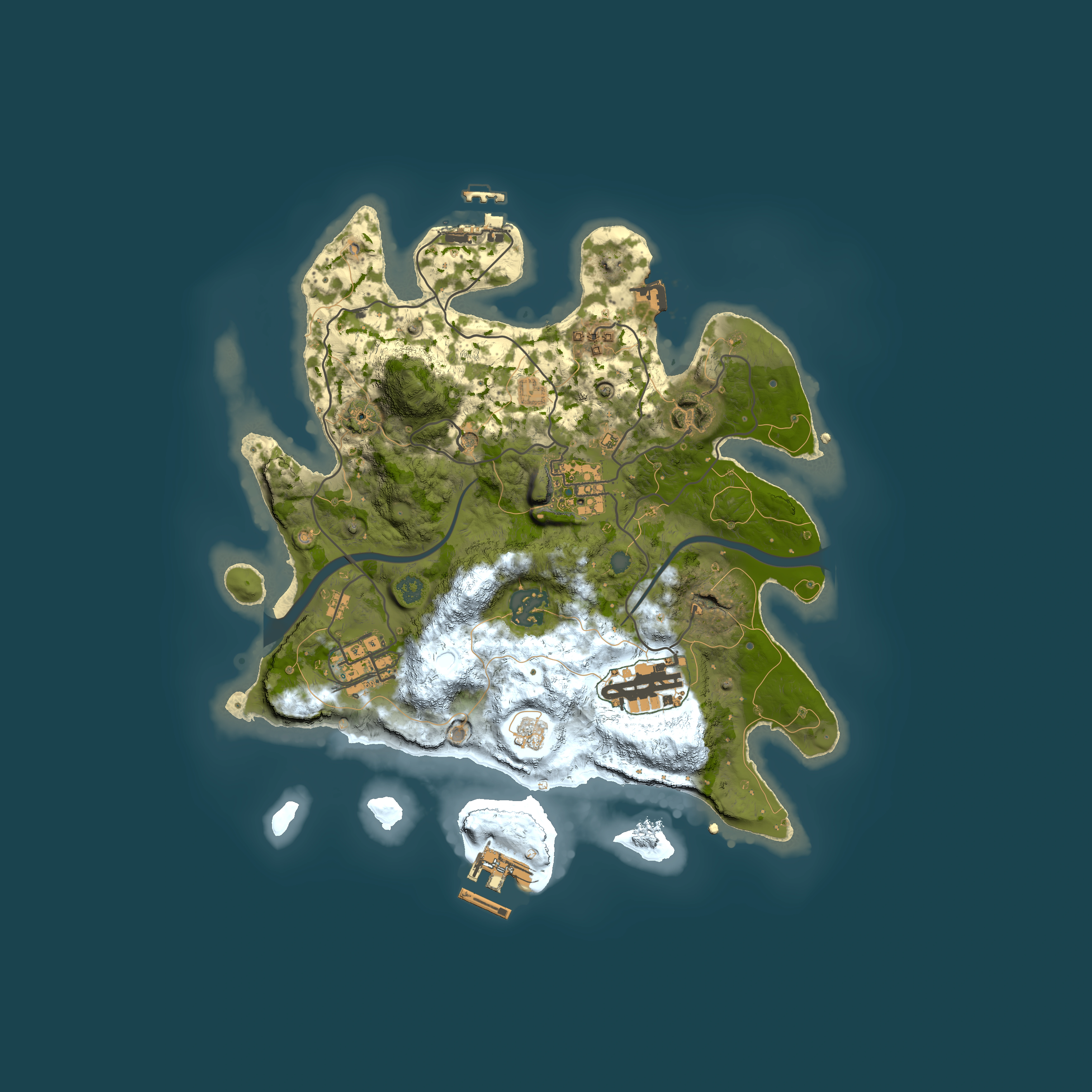 Full top-down render of Rust map seed 2077298861, 3000x3000m