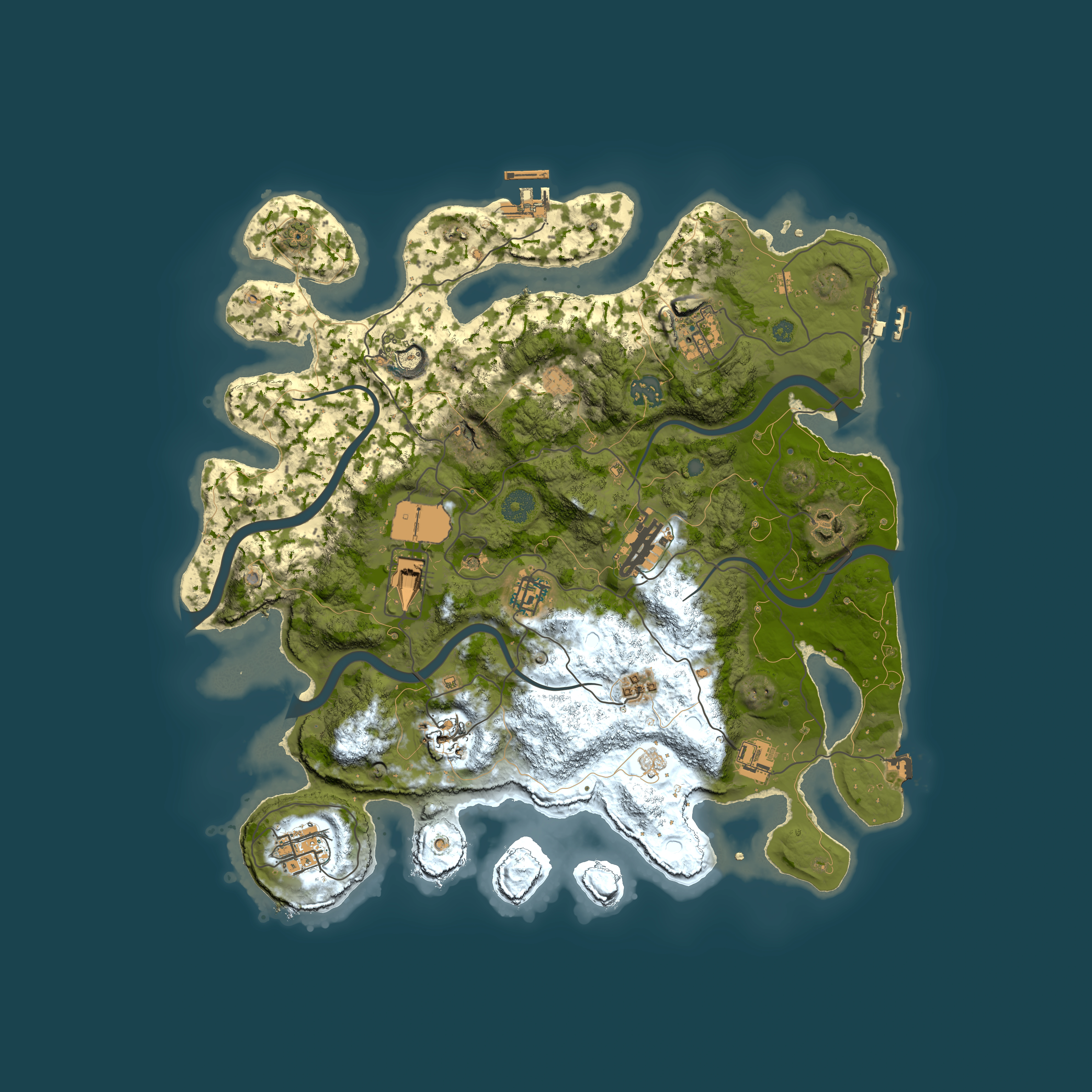 Full top-down render of Rust map seed 0, 3800x3800m