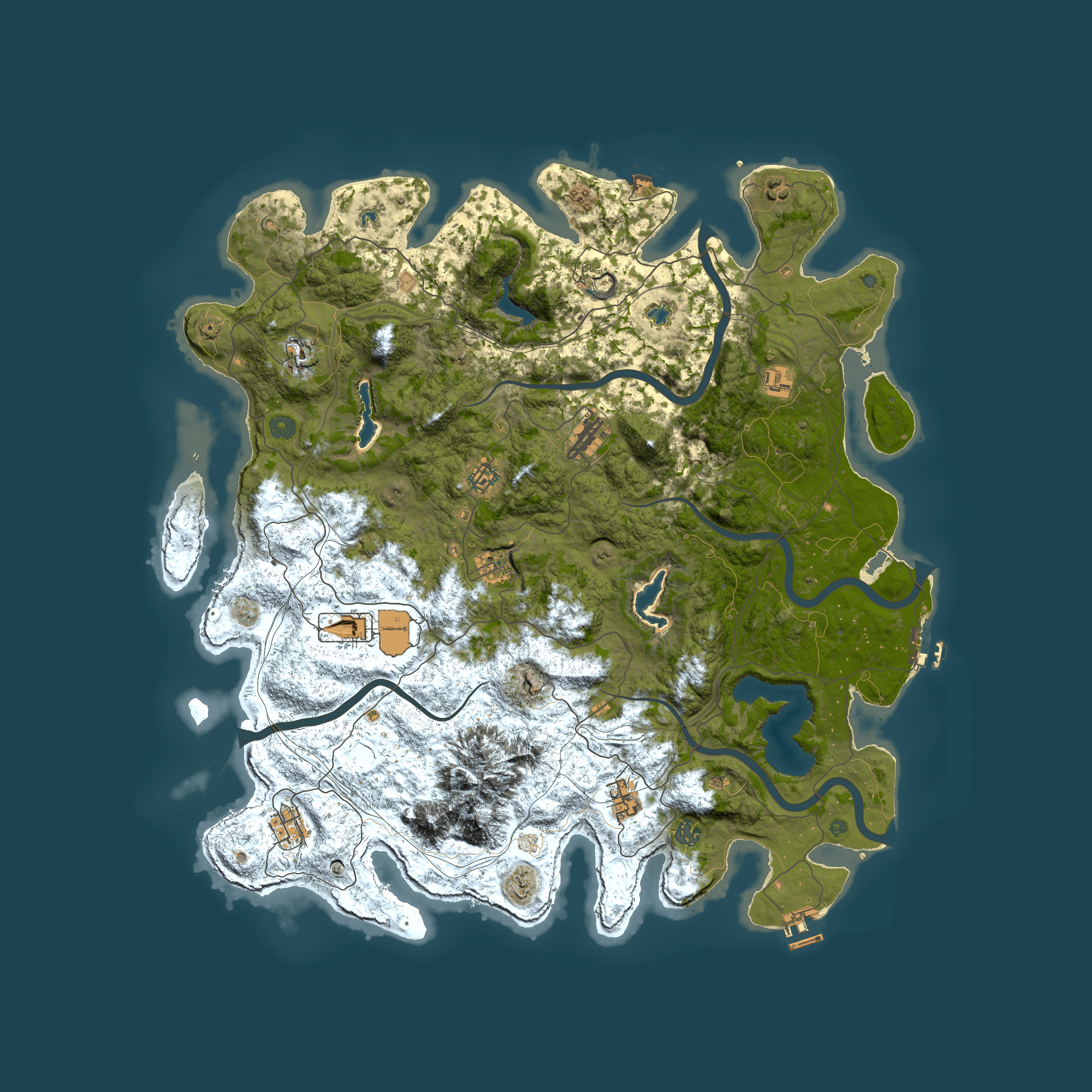Full top-down render of Rust map seed 56043874, 5000x5000m