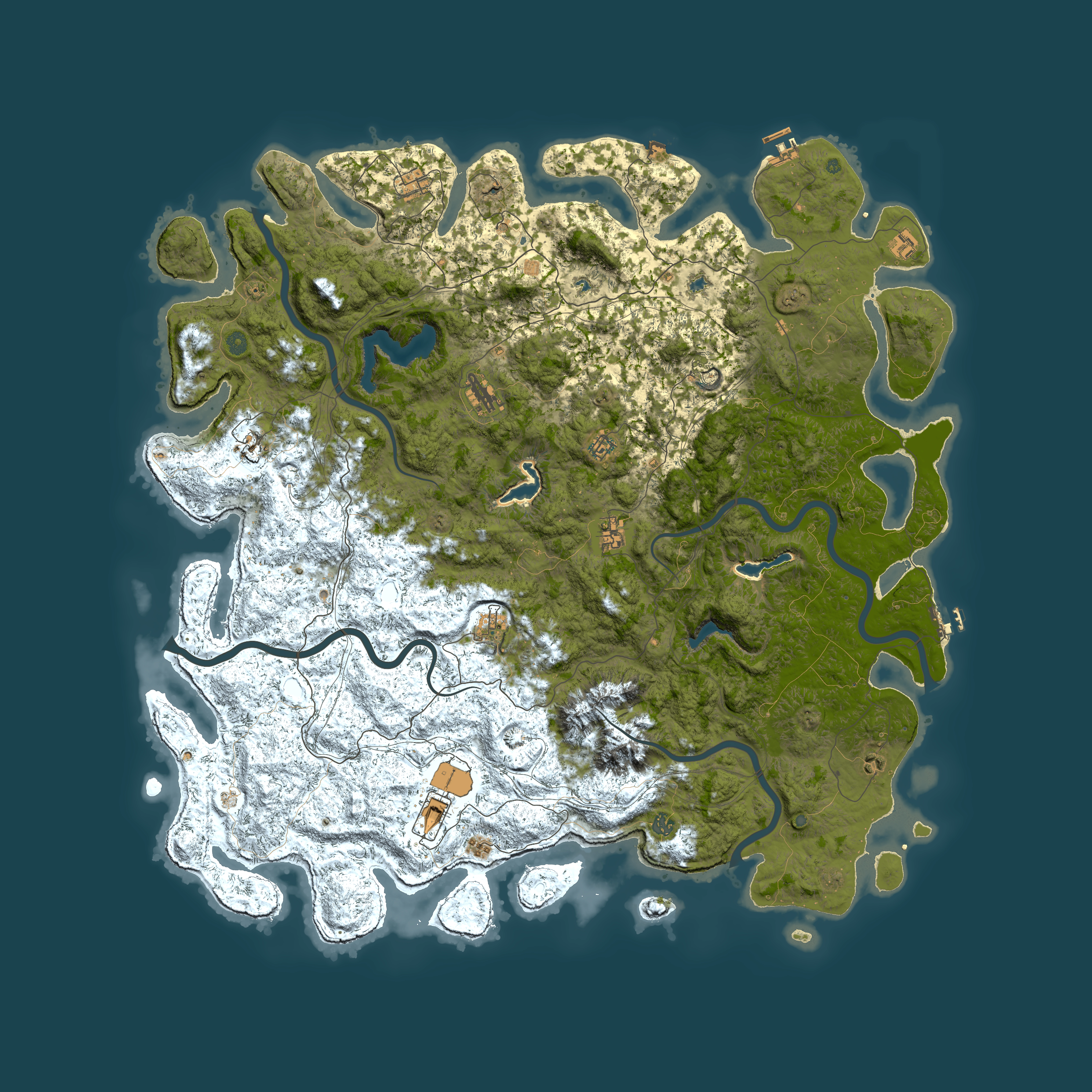 Full top-down render of Rust map seed 57425808, 6000x6000m