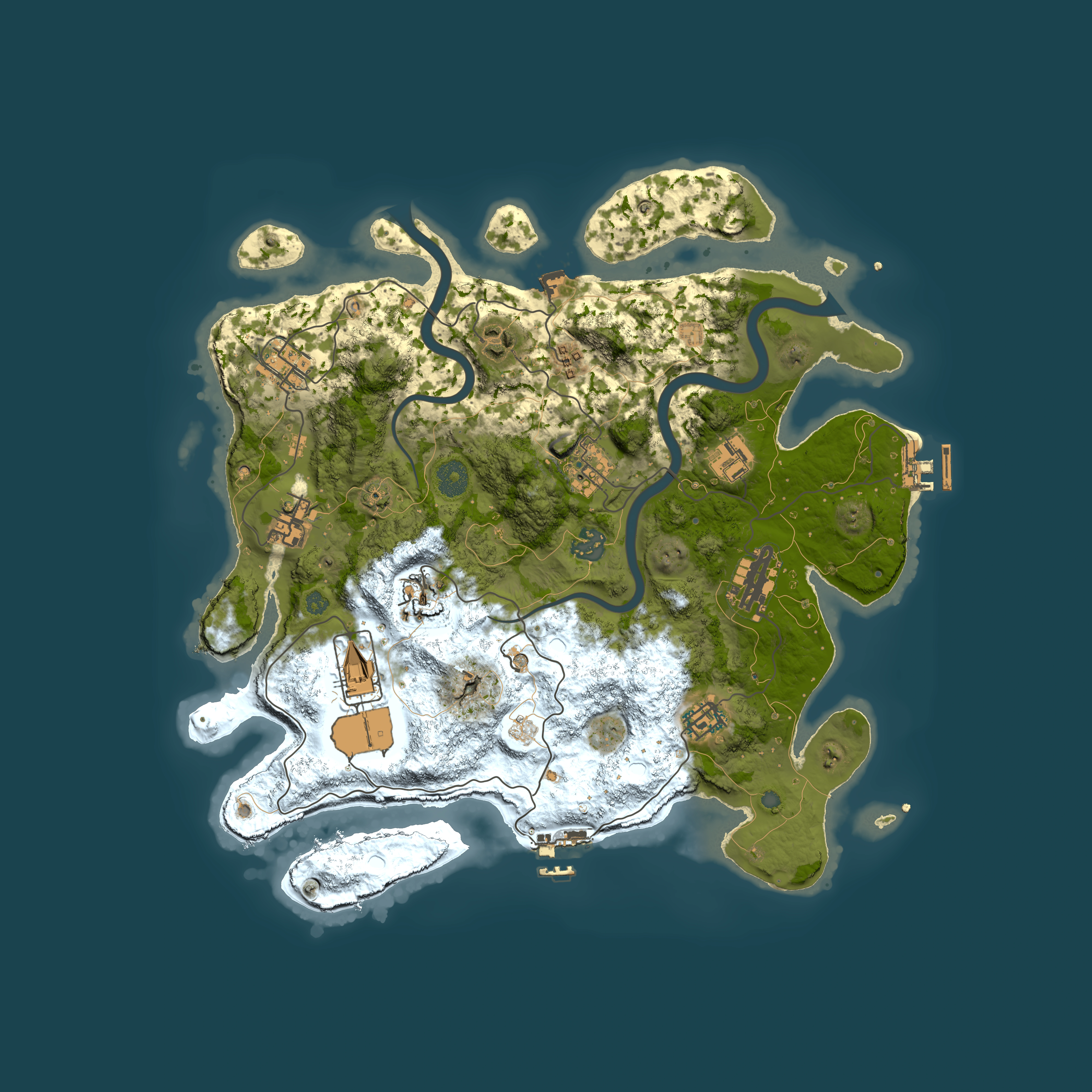 Full top-down render of Rust map seed 57425839, 3650x3650m