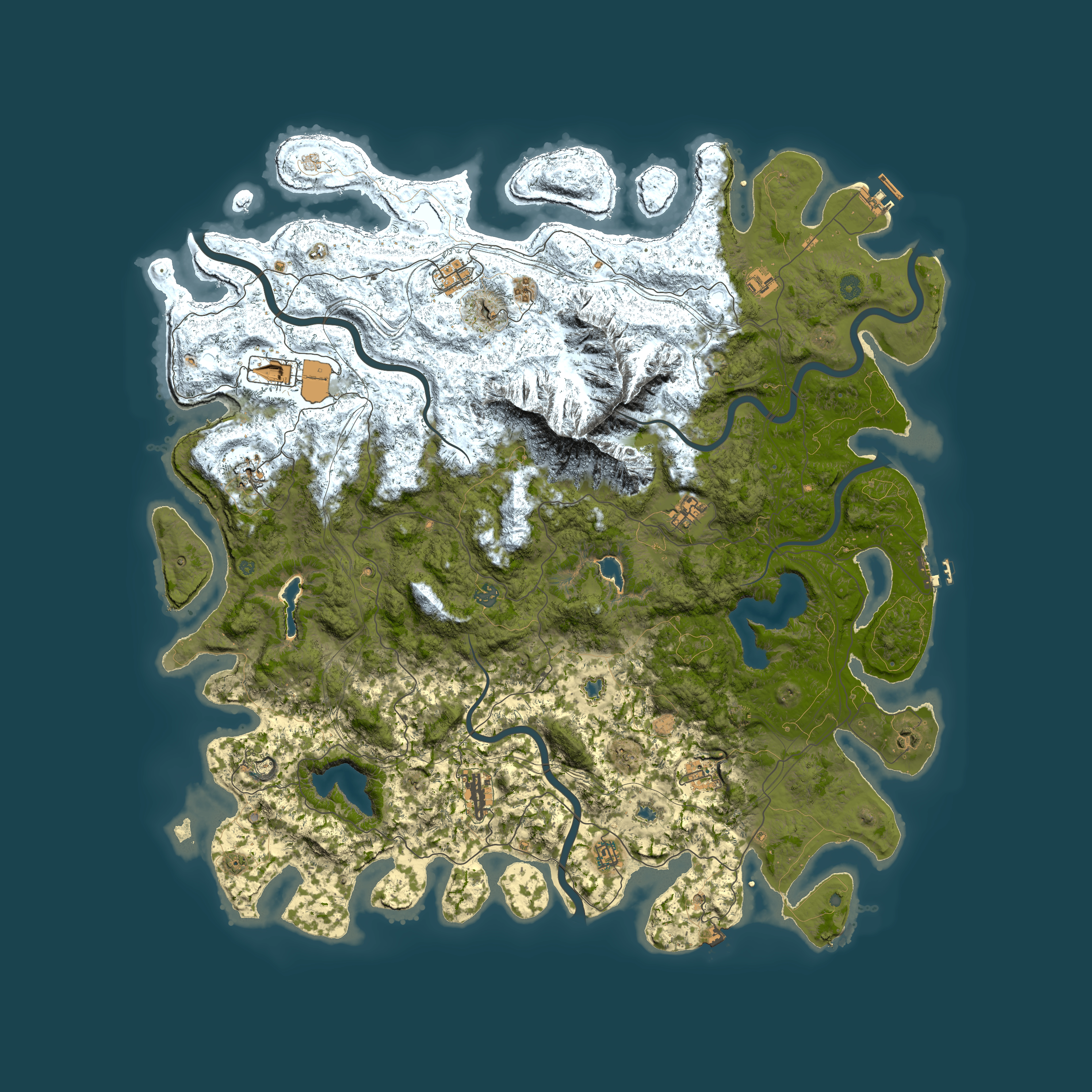 Full top-down render of Rust map seed 57425850, 5600x5600m