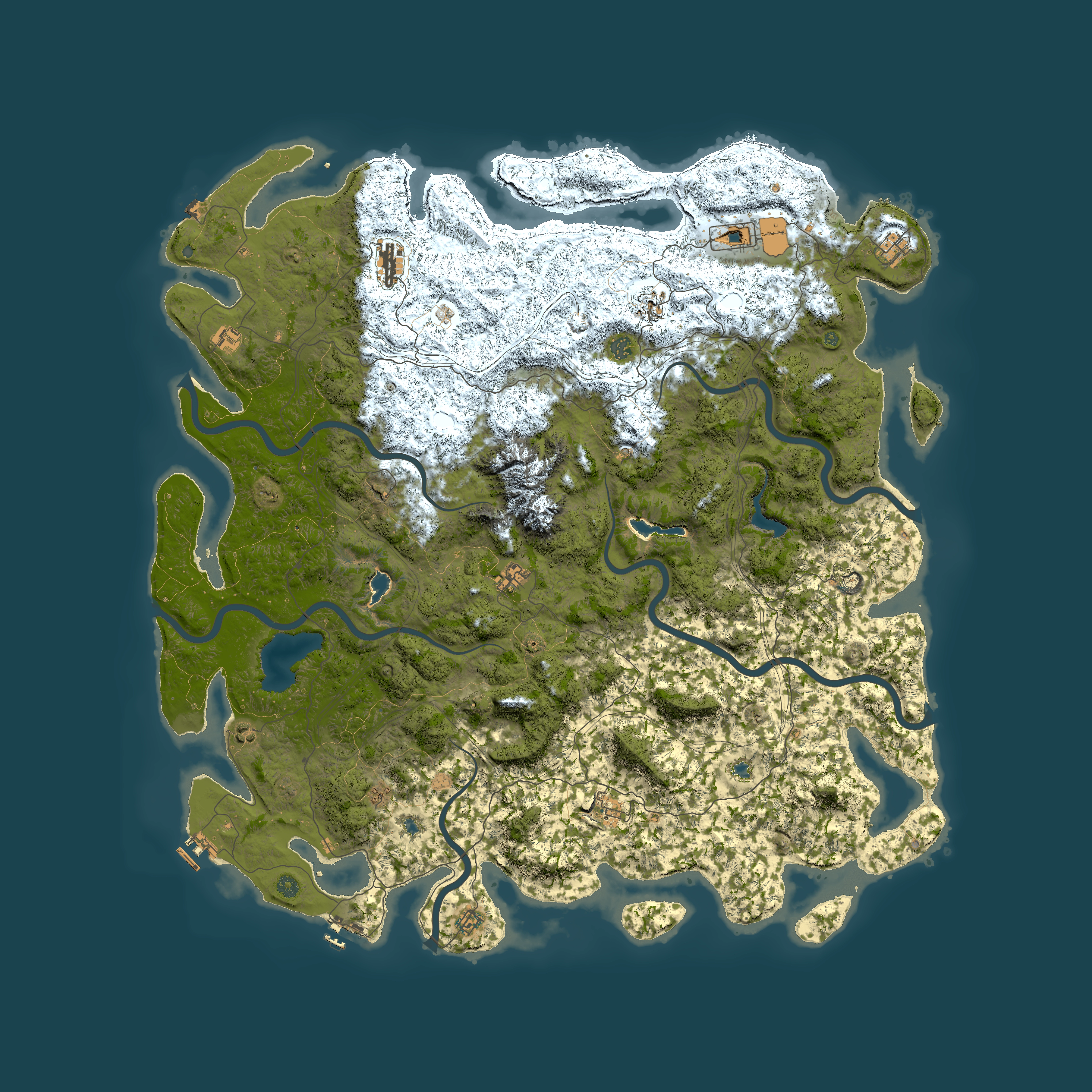 Full top-down render of Rust map seed 25701577, 6000x6000m