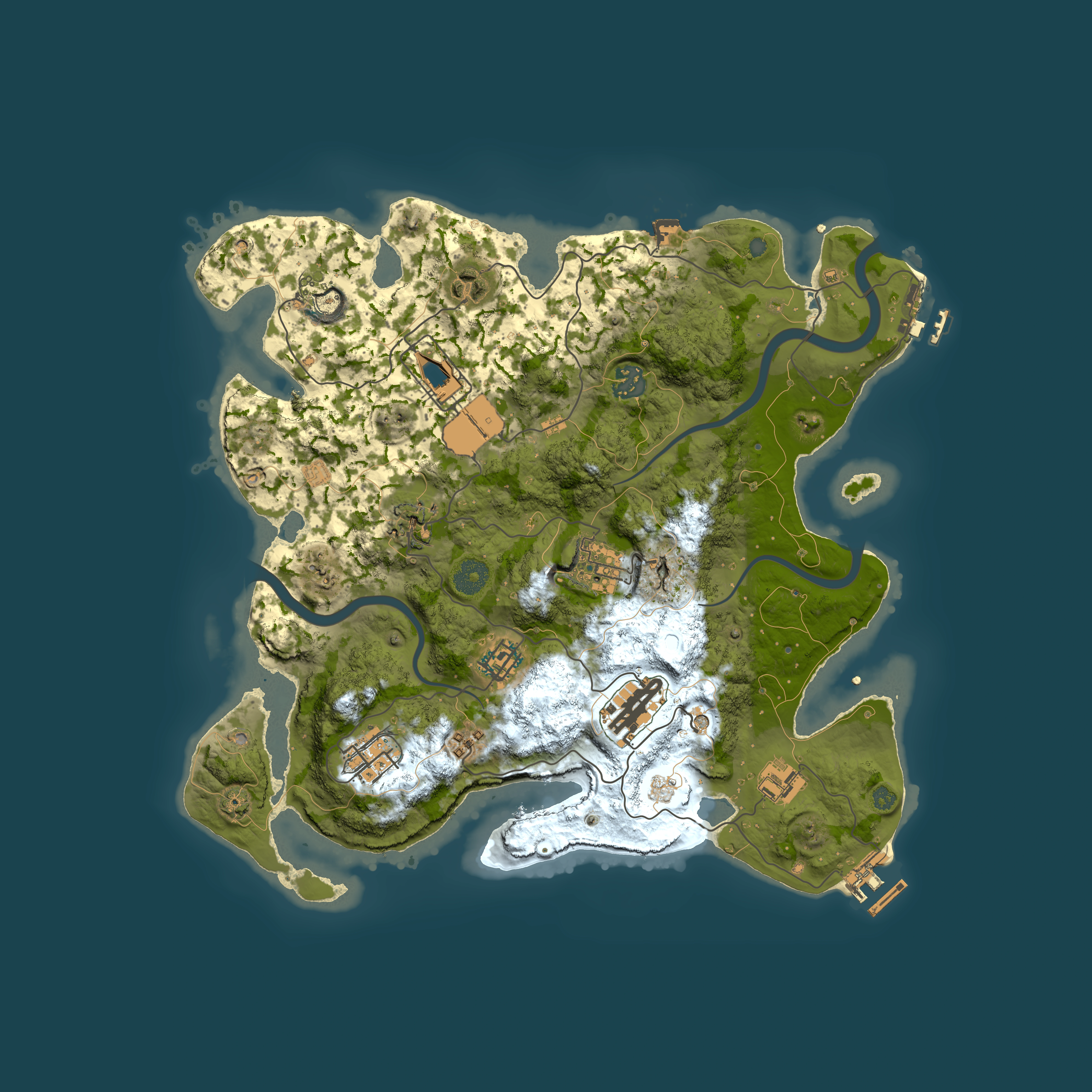 Full top-down render of Rust map seed 1601295122, 3600x3600m