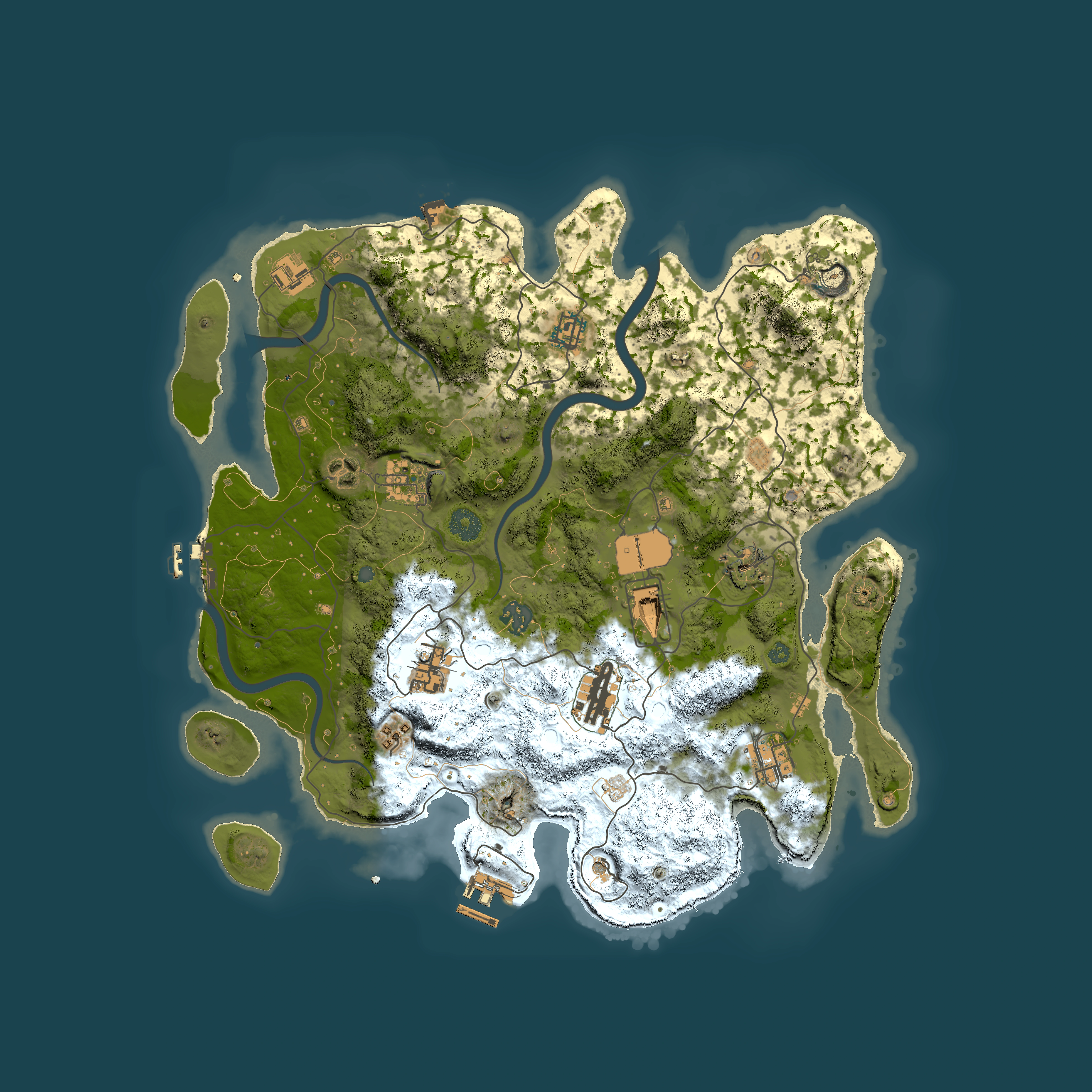 Full top-down render of Rust map seed 2007701107, 3950x3950m