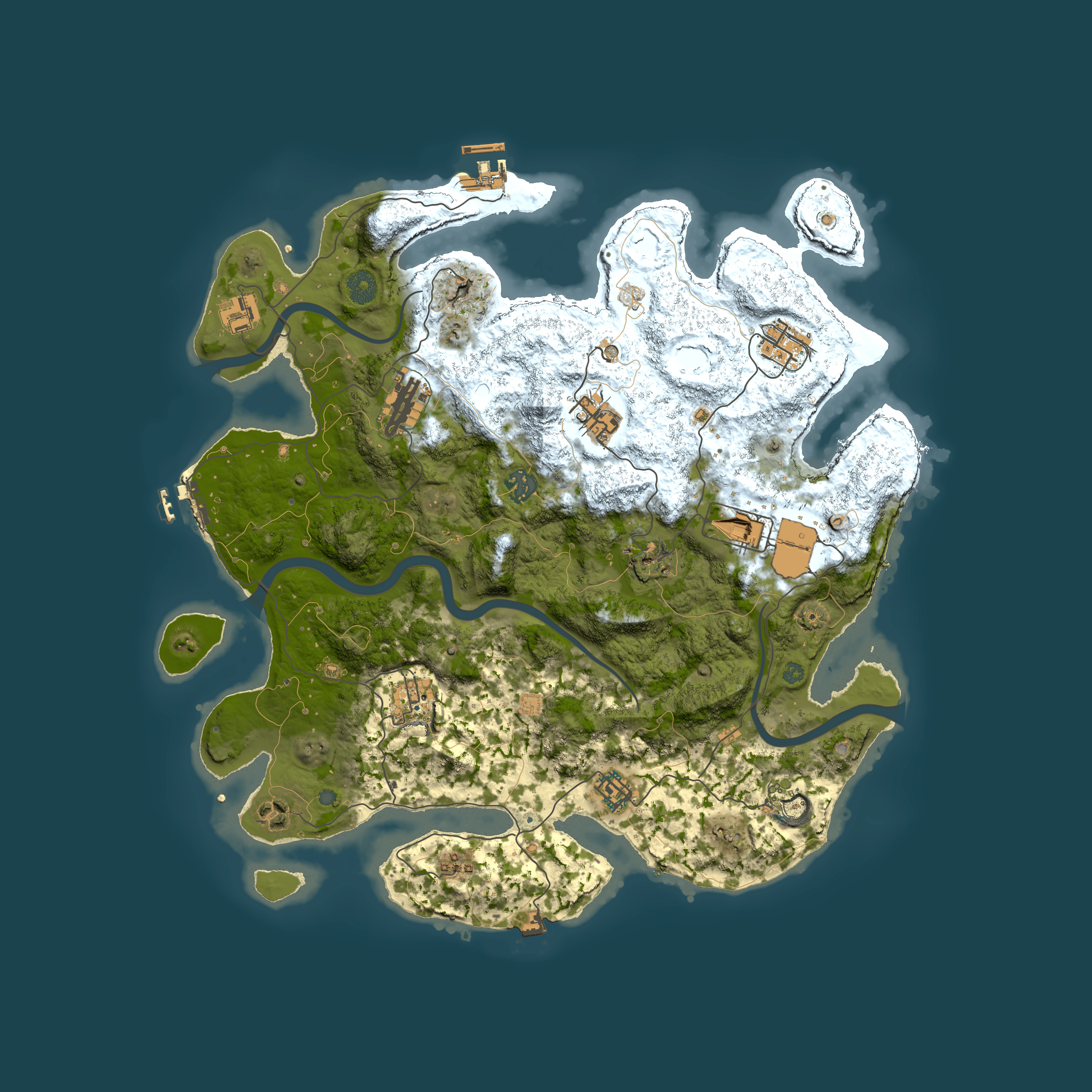 Full top-down render of Rust map seed 13205035, 3950x3950m