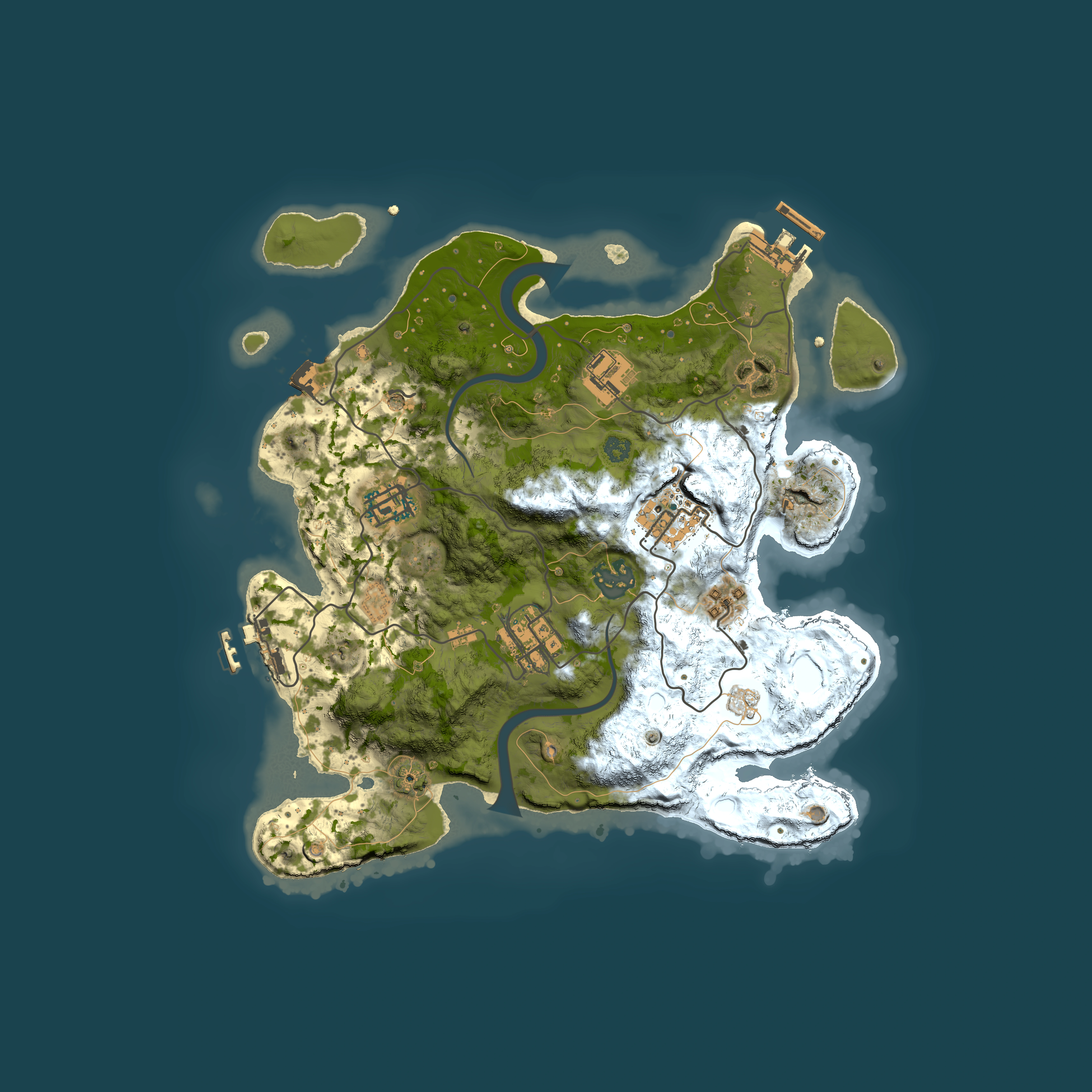 Full top-down render of Rust map seed 736583068, 3000x3000m