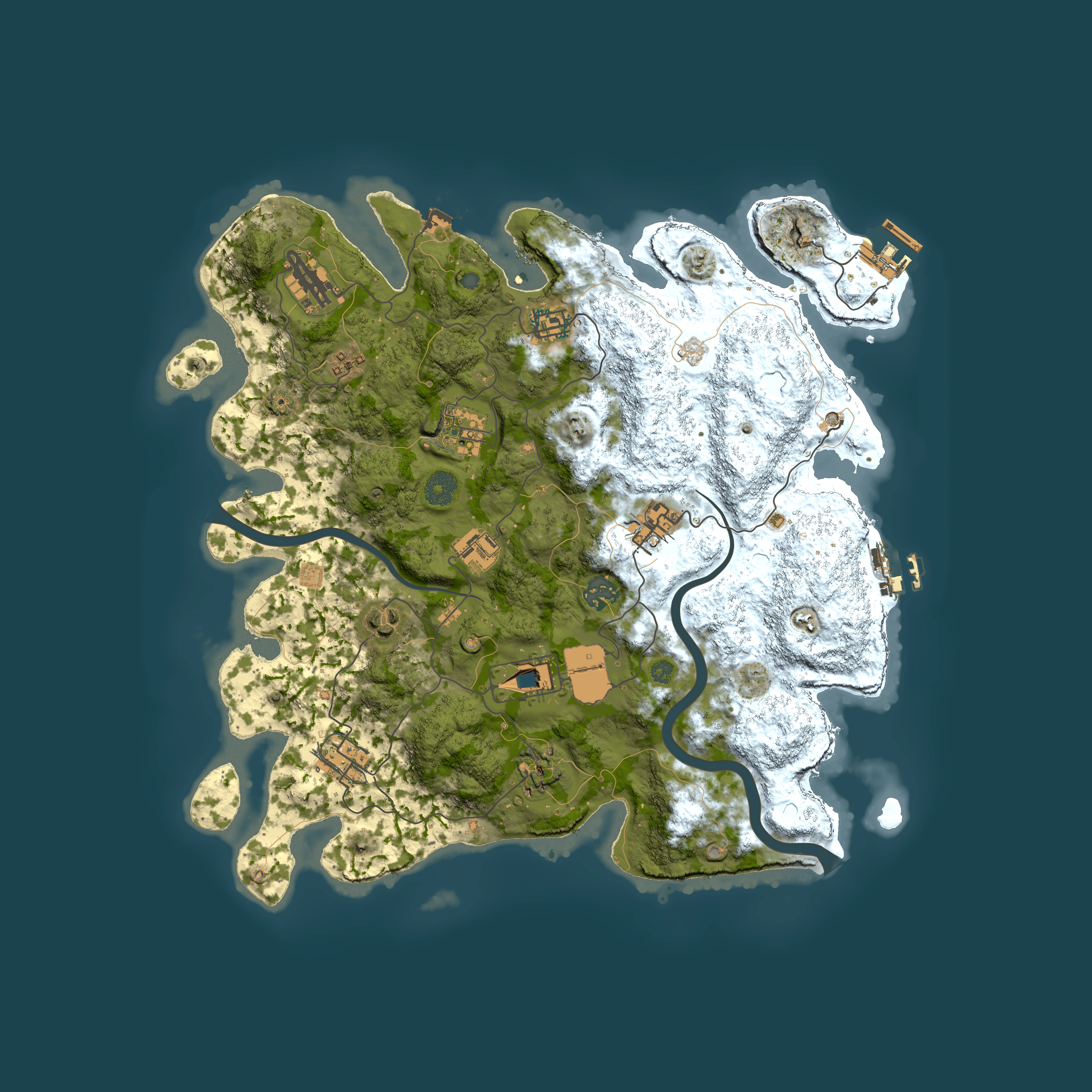 Full top-down render of Rust map seed 0, 3800x3800m