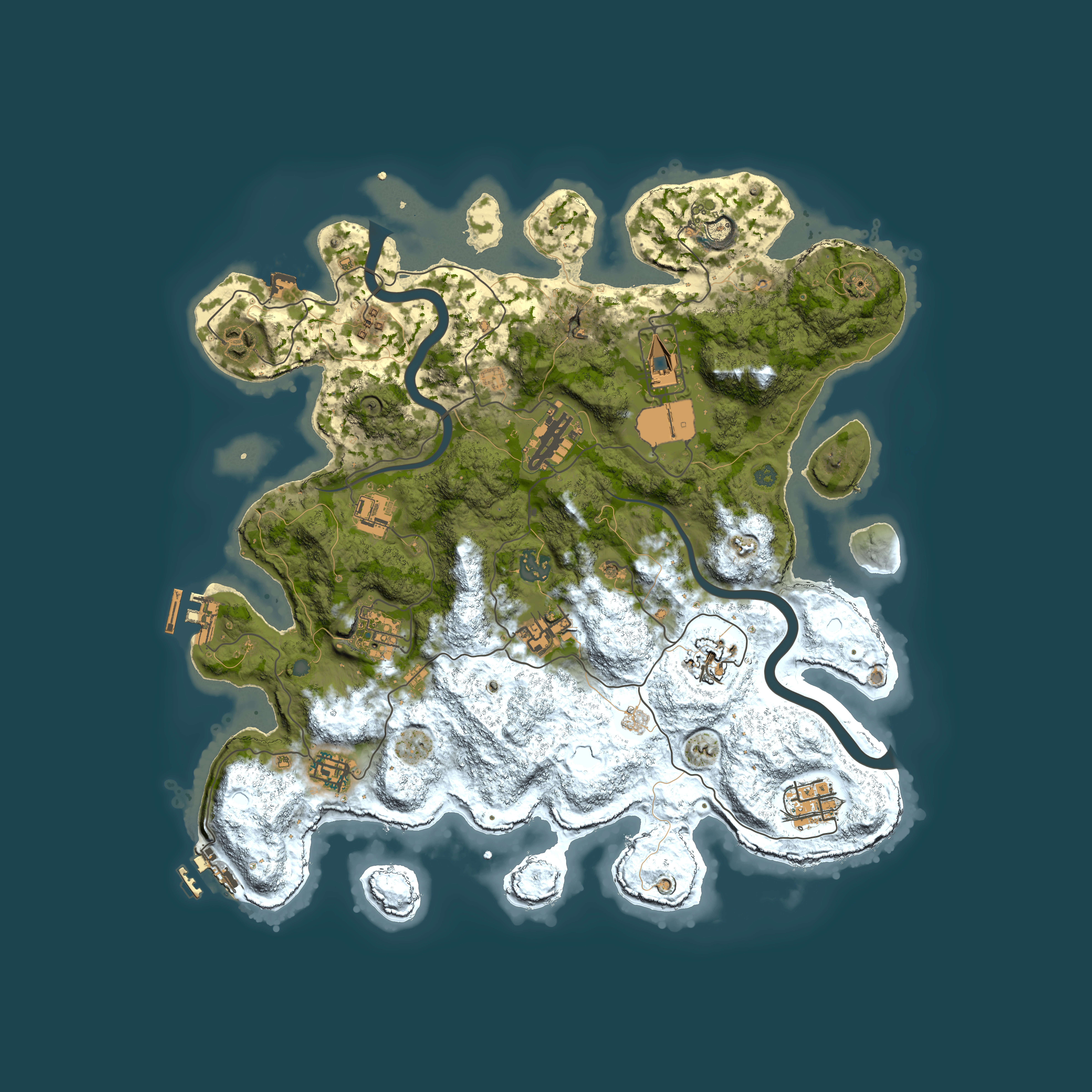 Full top-down render of Rust map seed 0, 3800x3800m