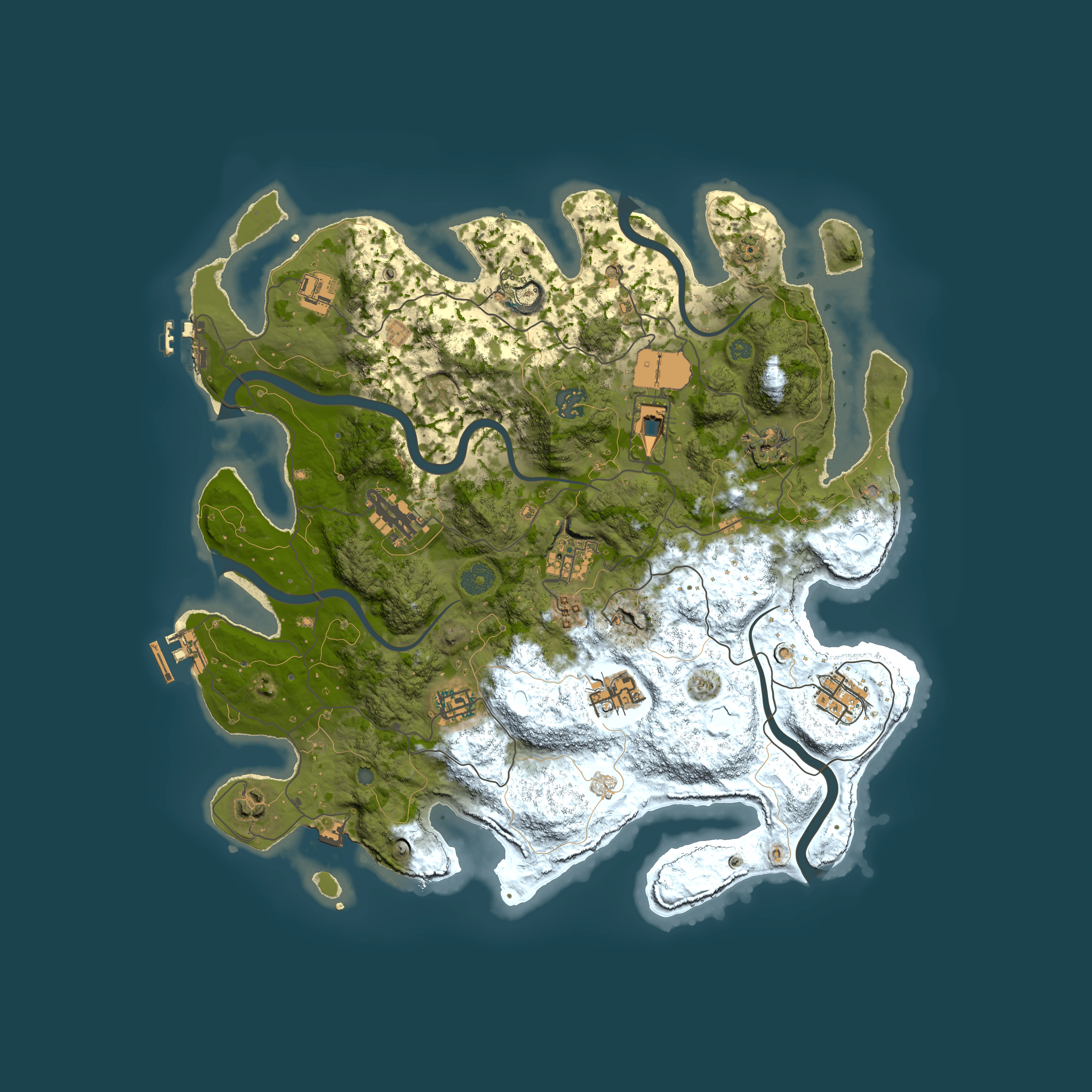 Full top-down render of Rust map seed 0, 3900x3900m