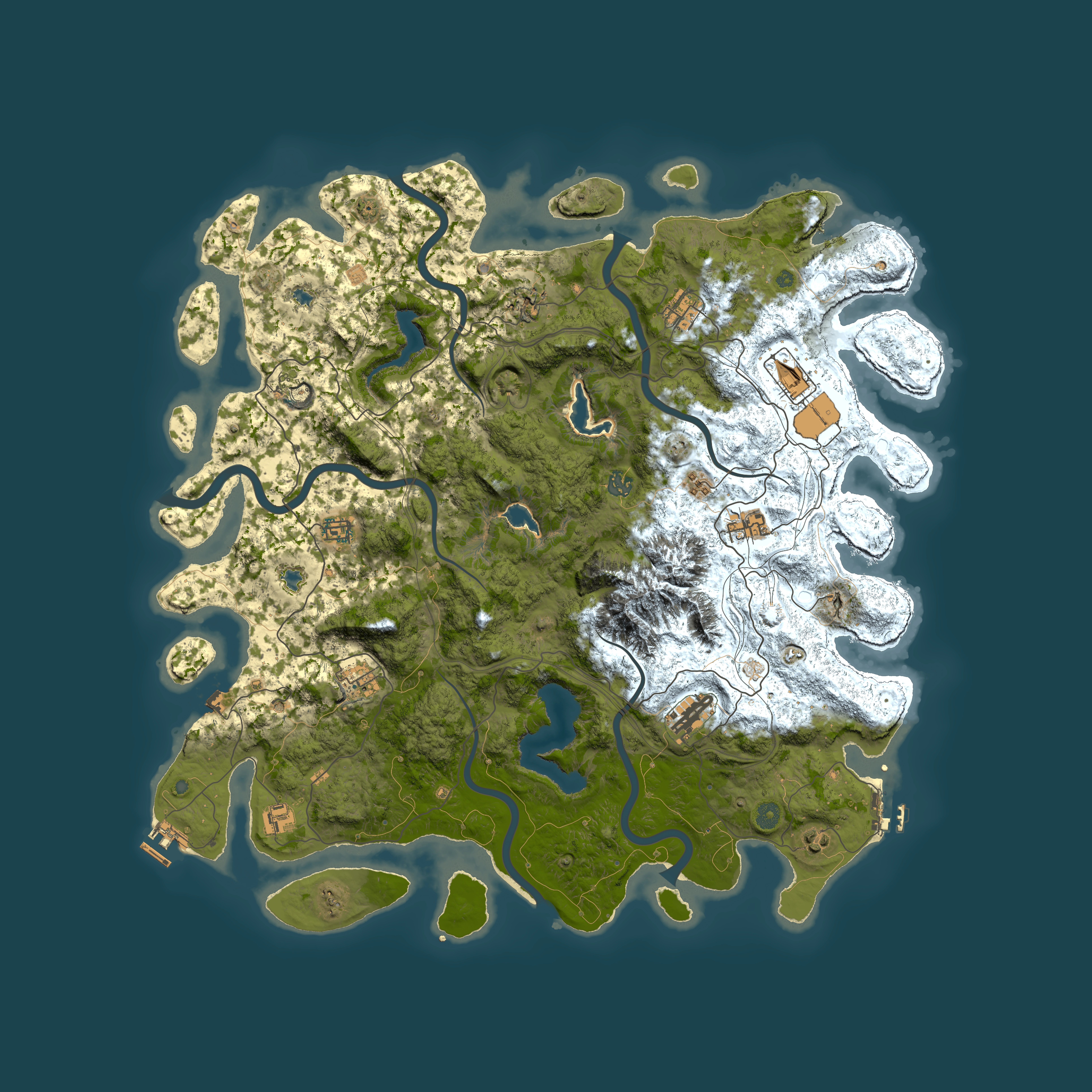 Full top-down render of Rust map seed 0, 5000x5000m