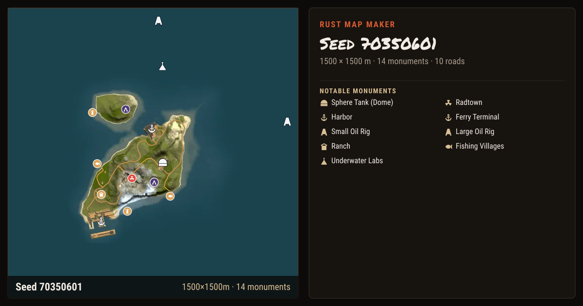 Rust Map — Seed 70350601, Size 1500 | Rust Map Maker