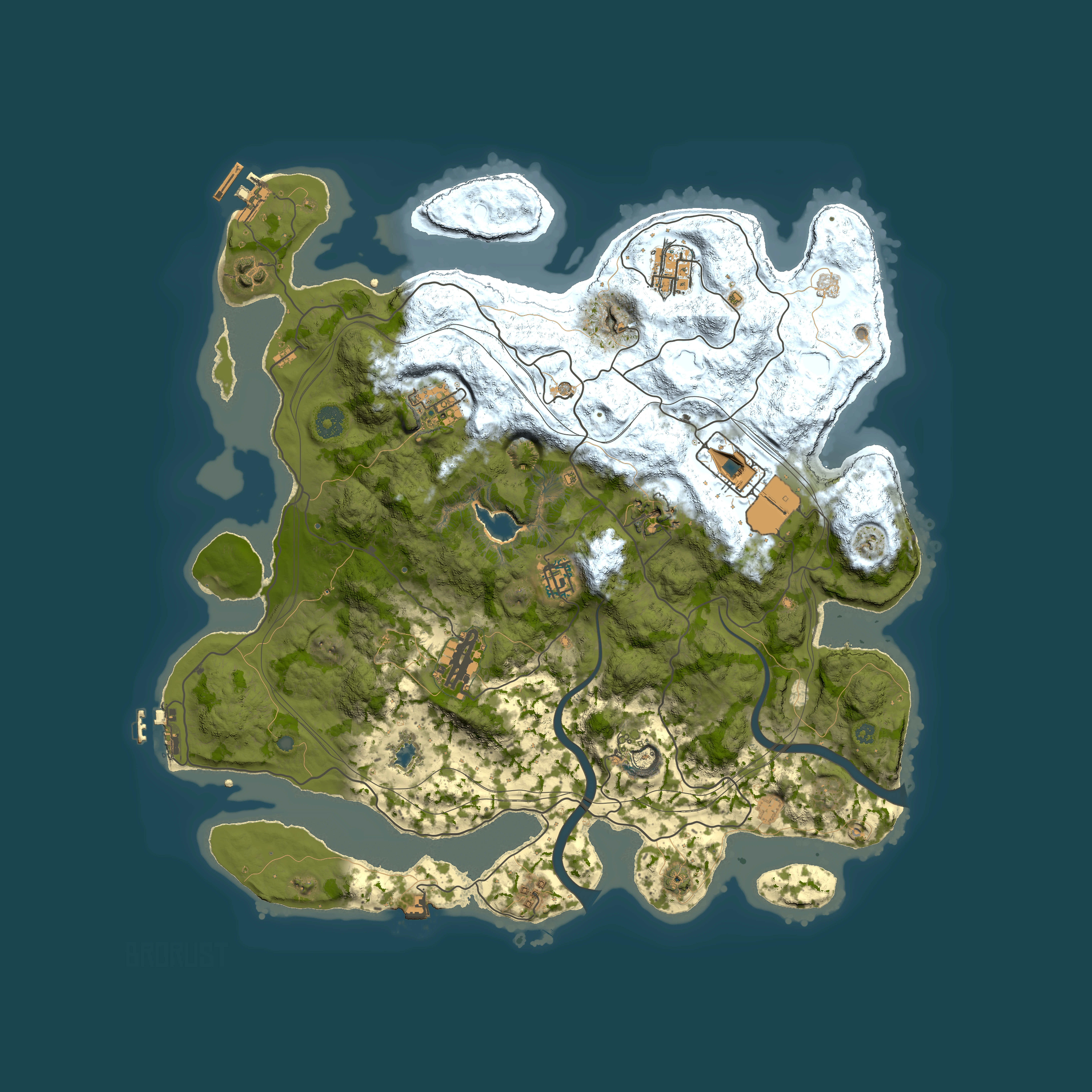 Full top-down render of Rust map seed 32908, 4000x4000m