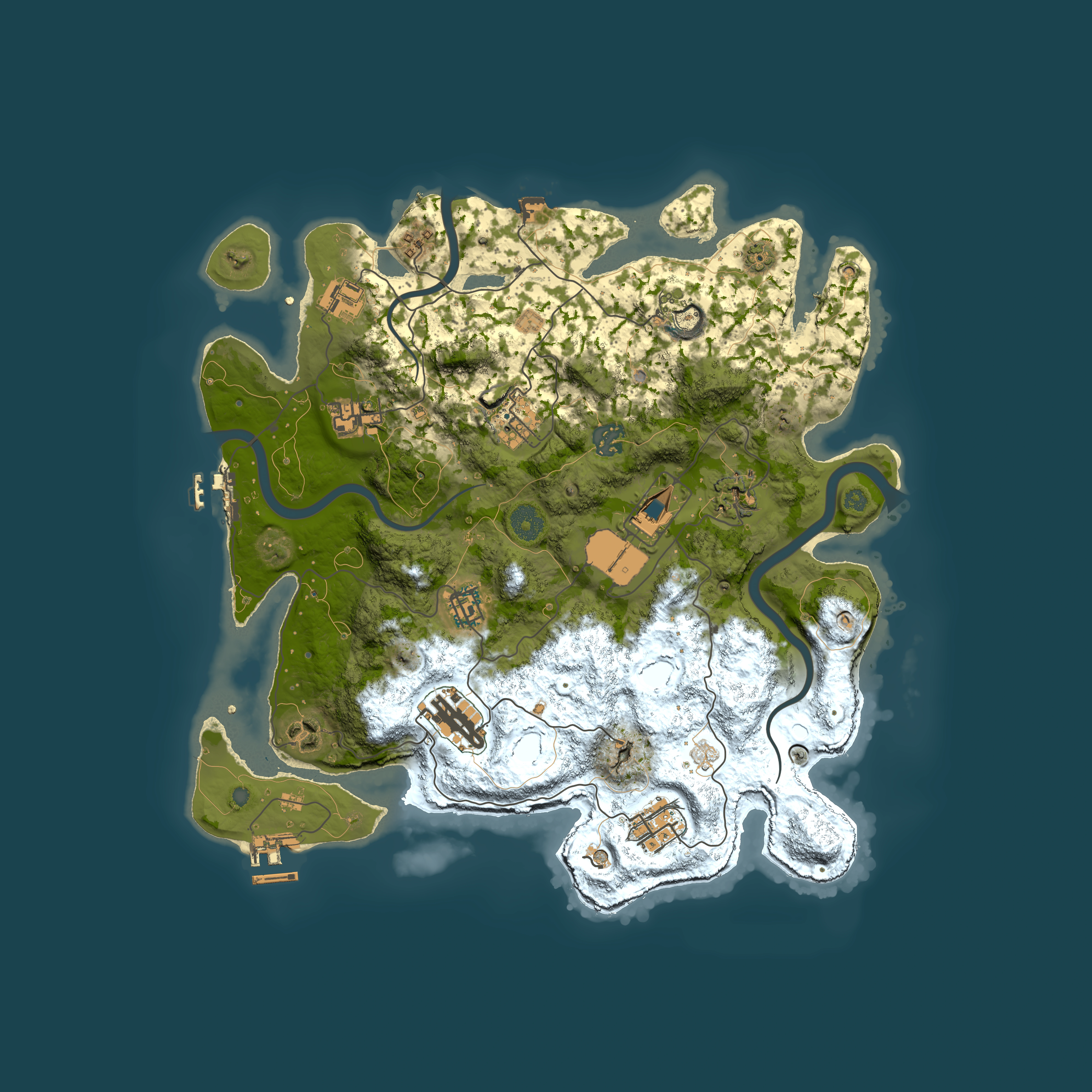 Full top-down render of Rust map seed 0, 3700x3700m