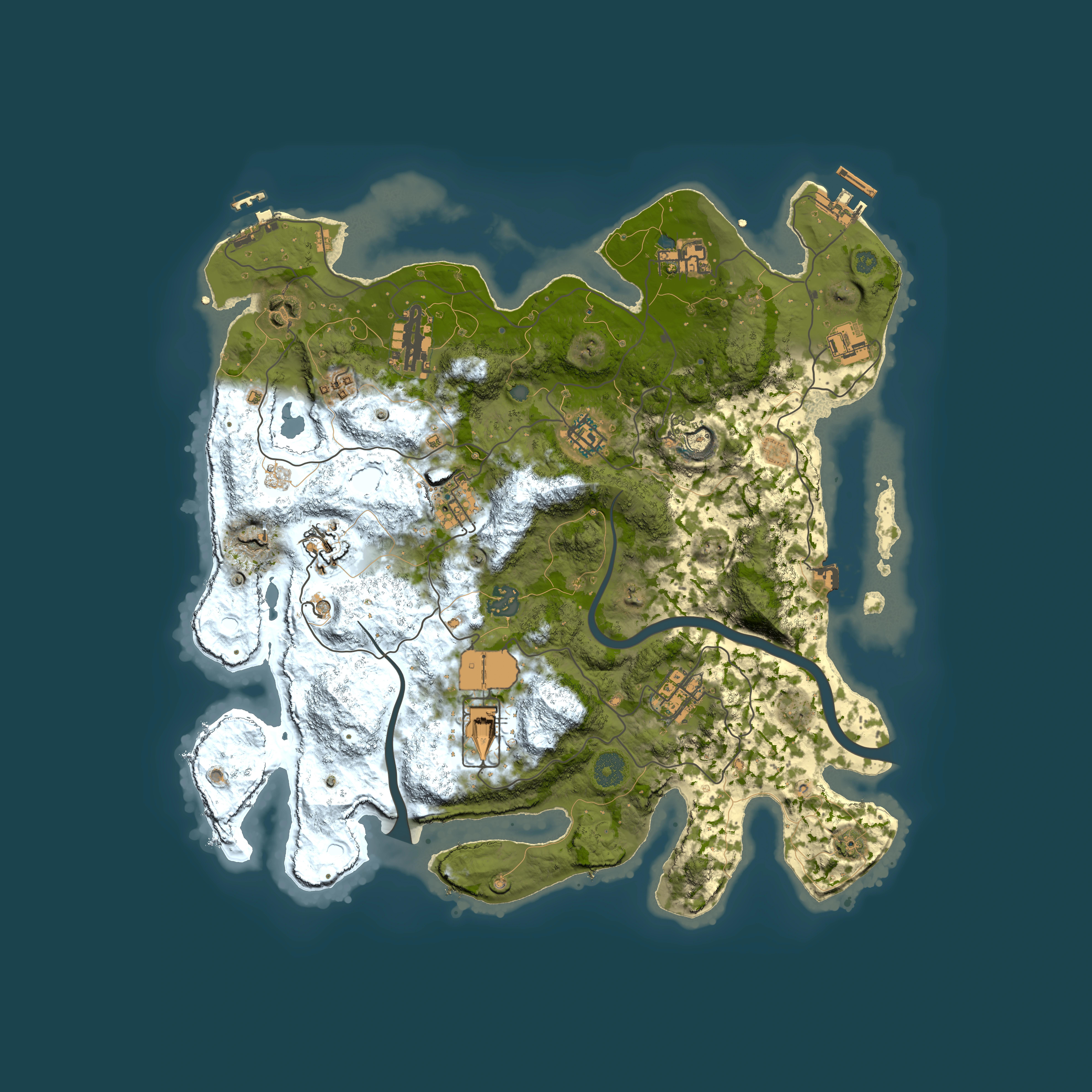Full top-down render of Rust map seed 0, 3800x3800m