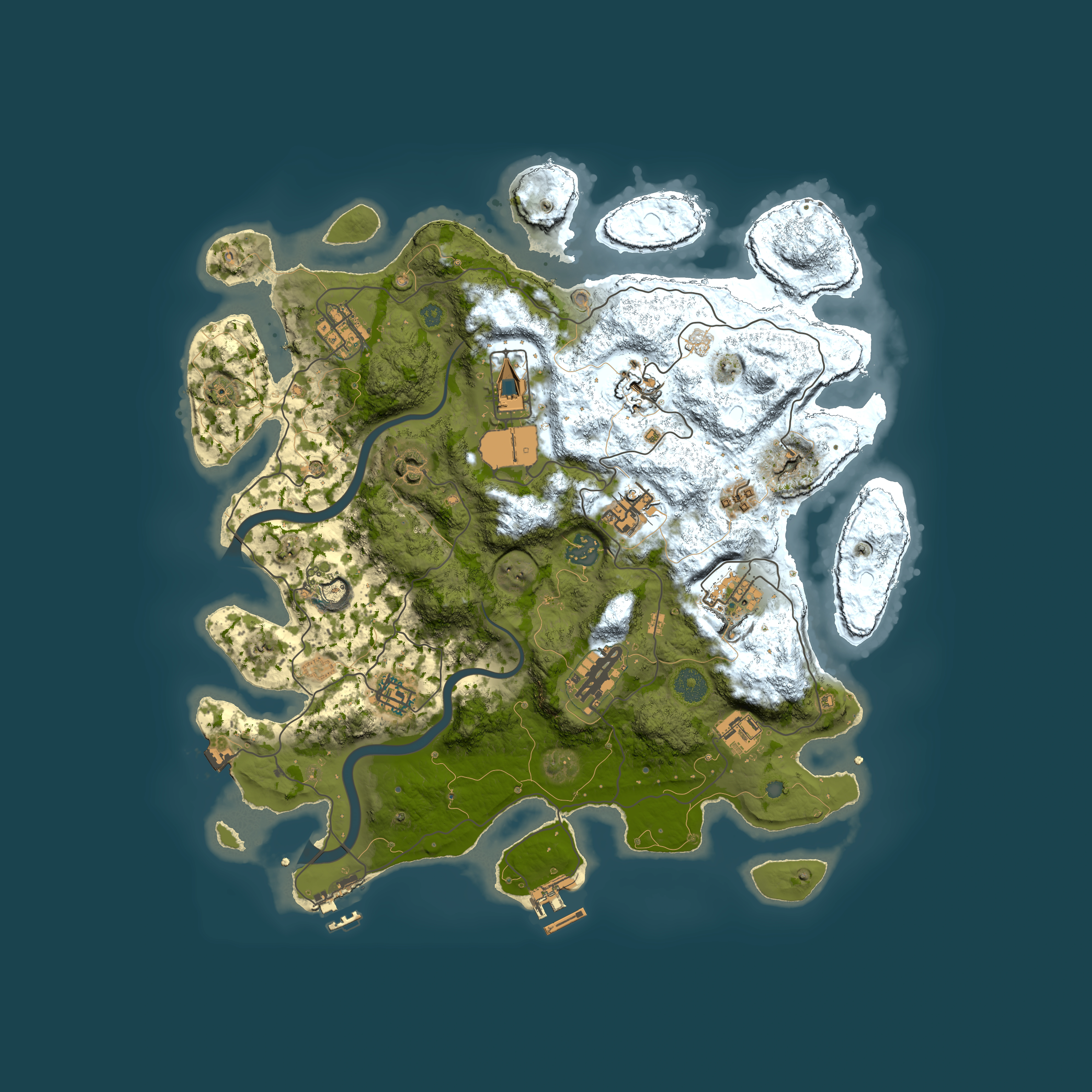 Full top-down render of Rust map seed 0, 3800x3800m