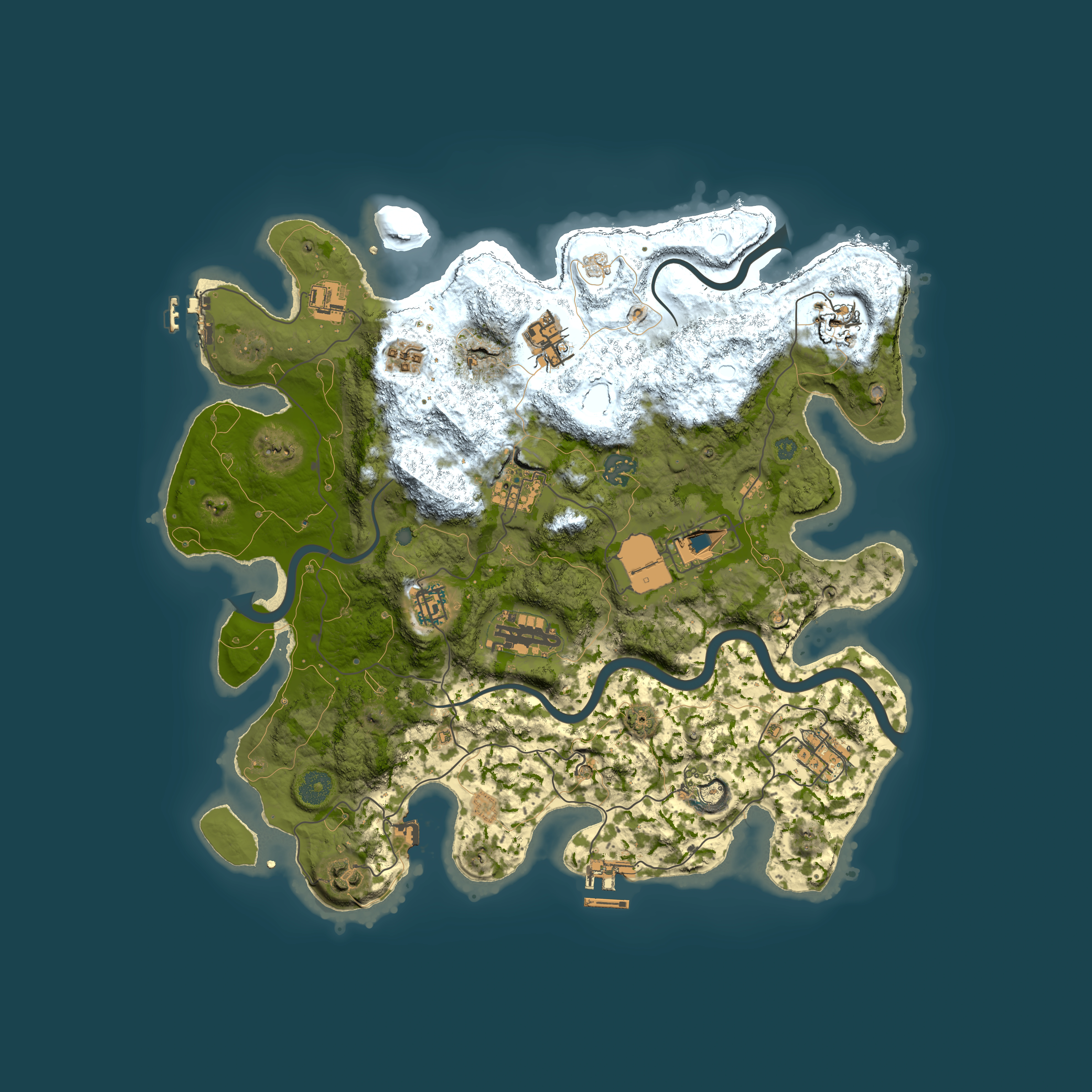 Full top-down render of Rust map seed 0, 3800x3800m