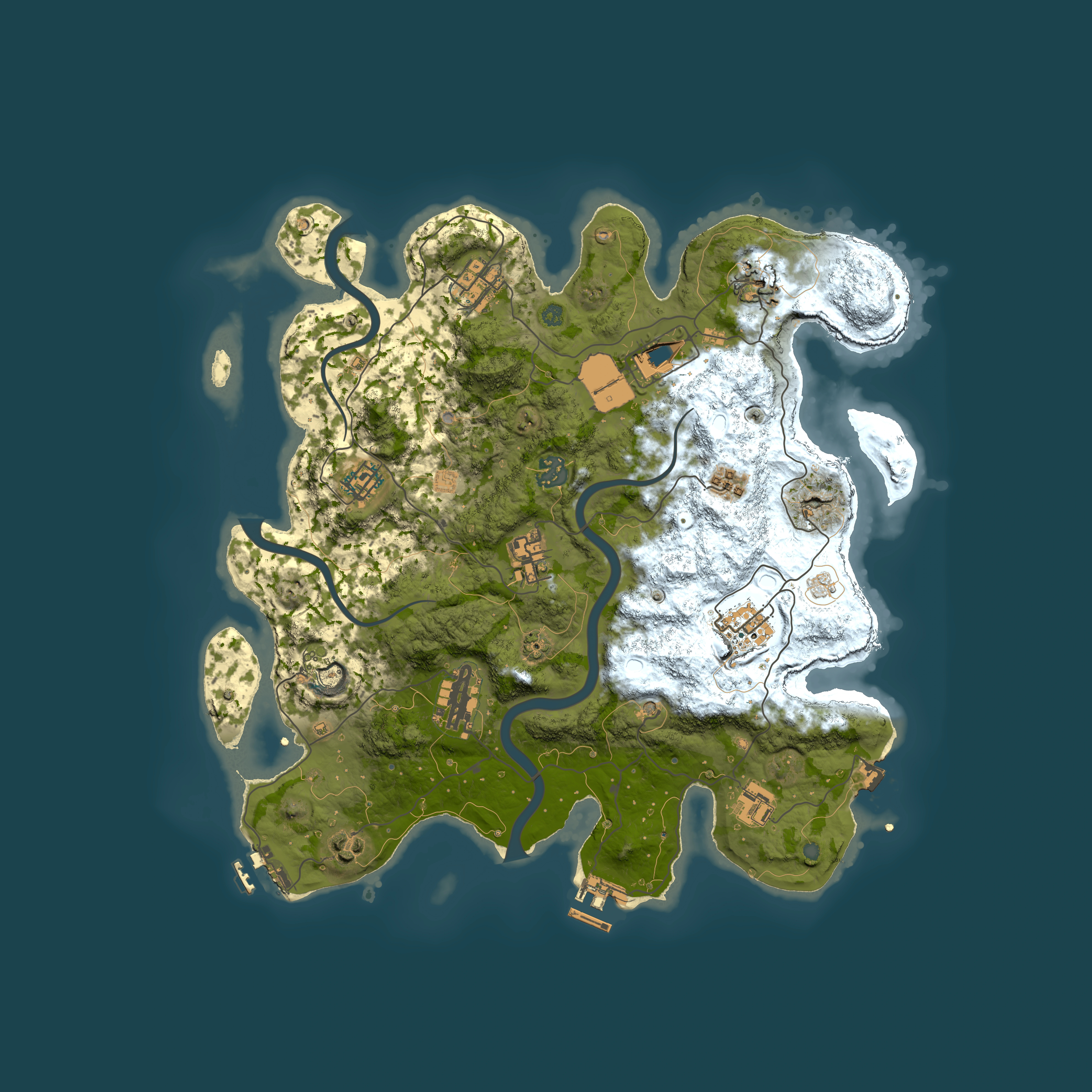 Full top-down render of Rust map seed 0, 3800x3800m