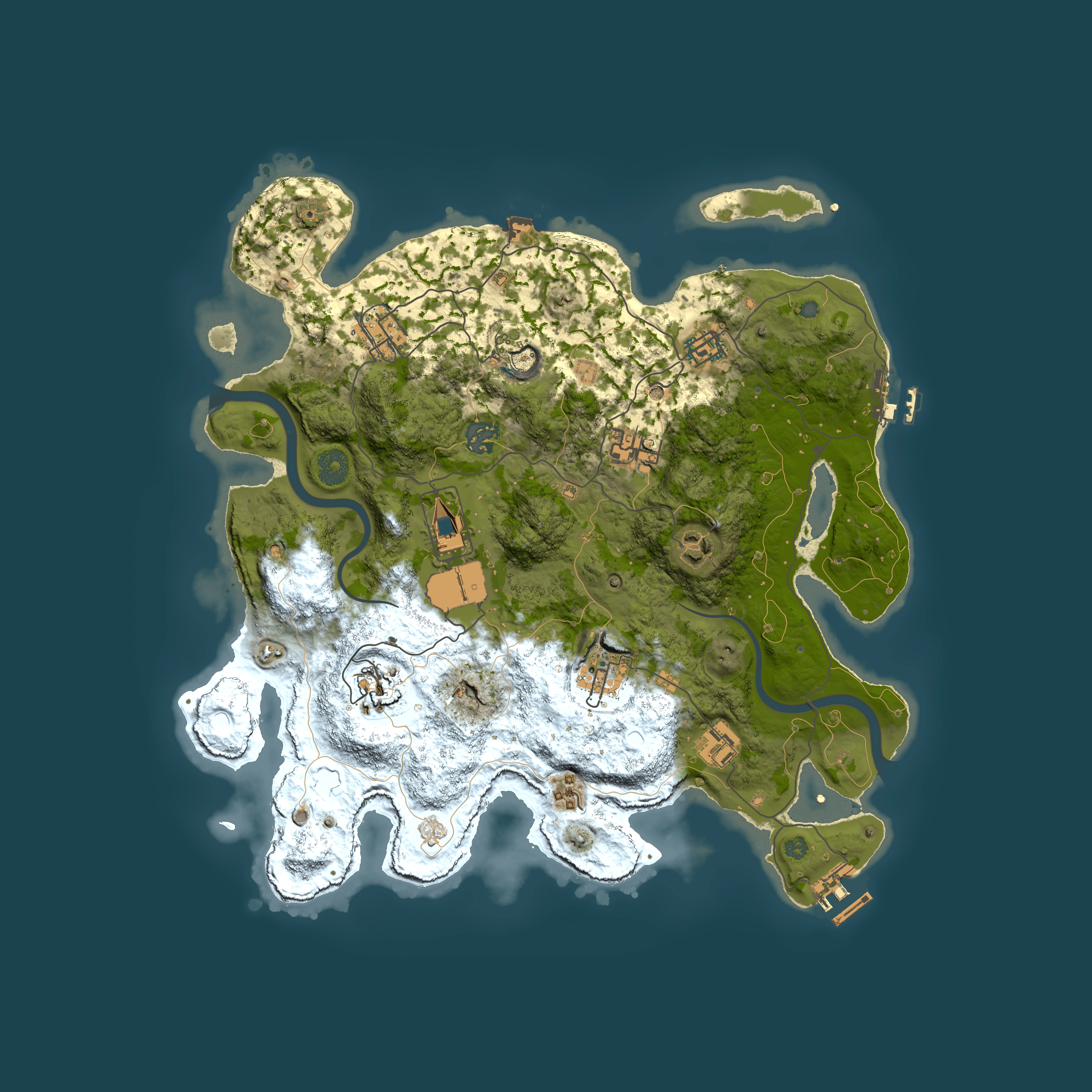 Full top-down render of Rust map seed 0, 3700x3700m