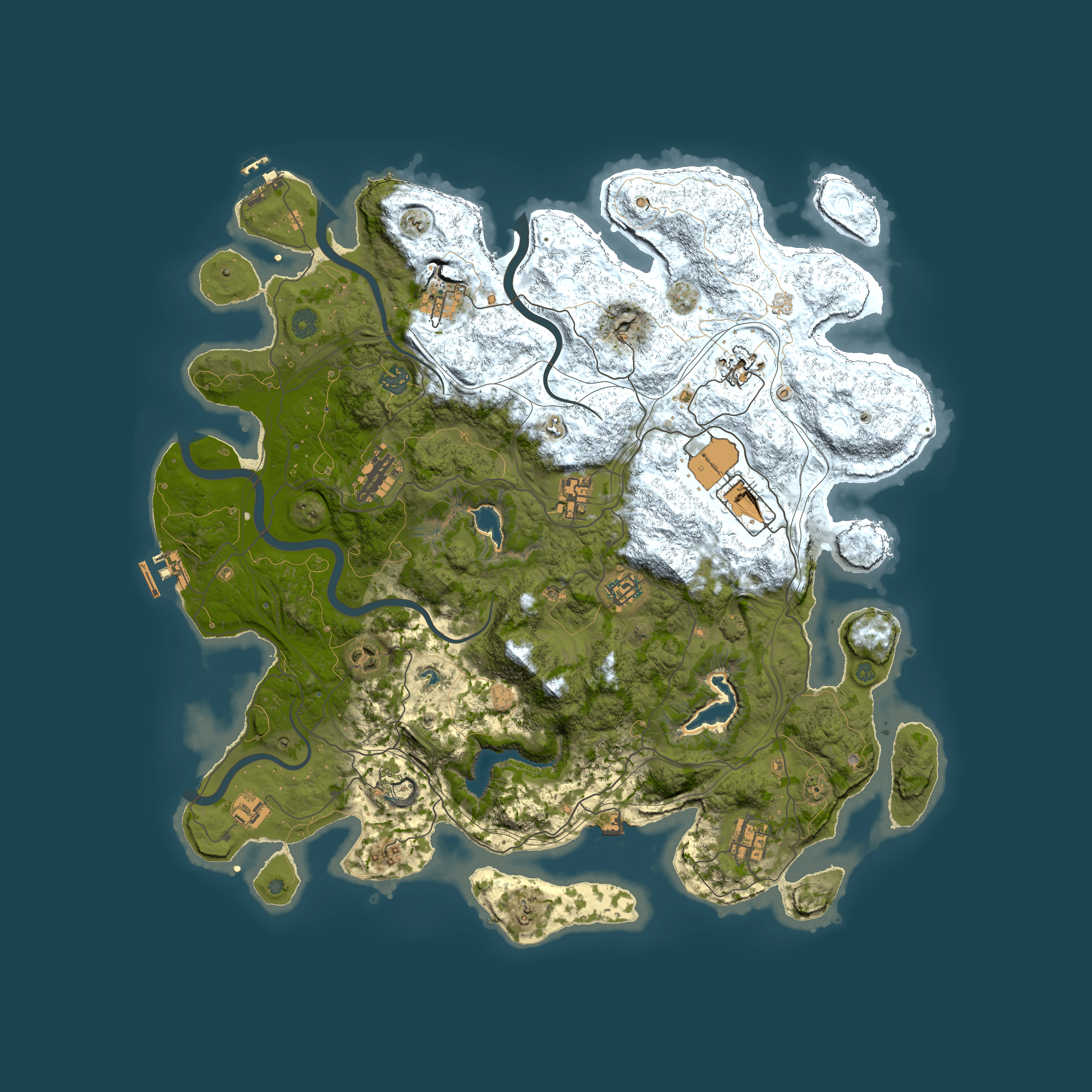 Full top-down render of Rust map seed 0, 4500x4500m