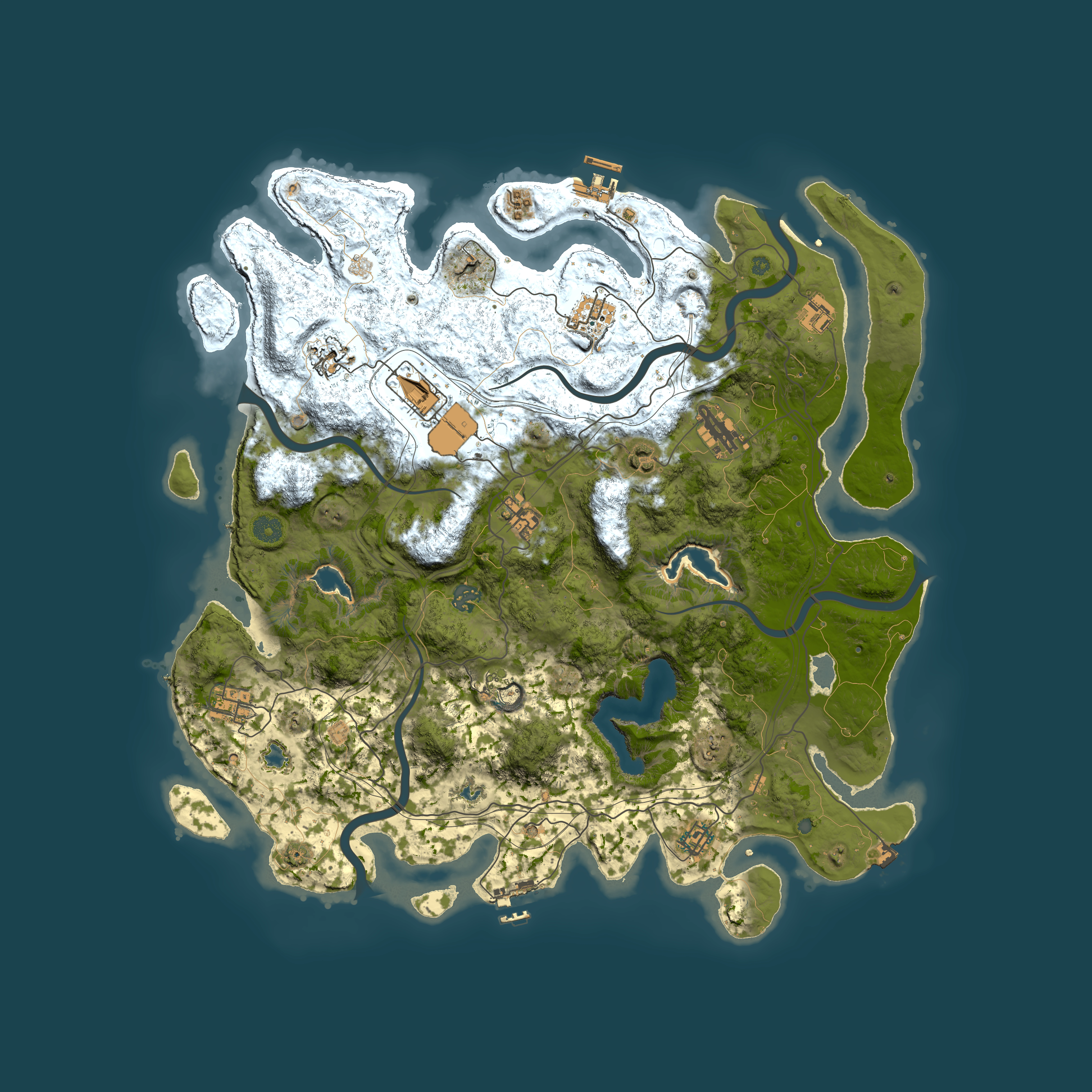 Full top-down render of Rust map seed 0, 4500x4500m