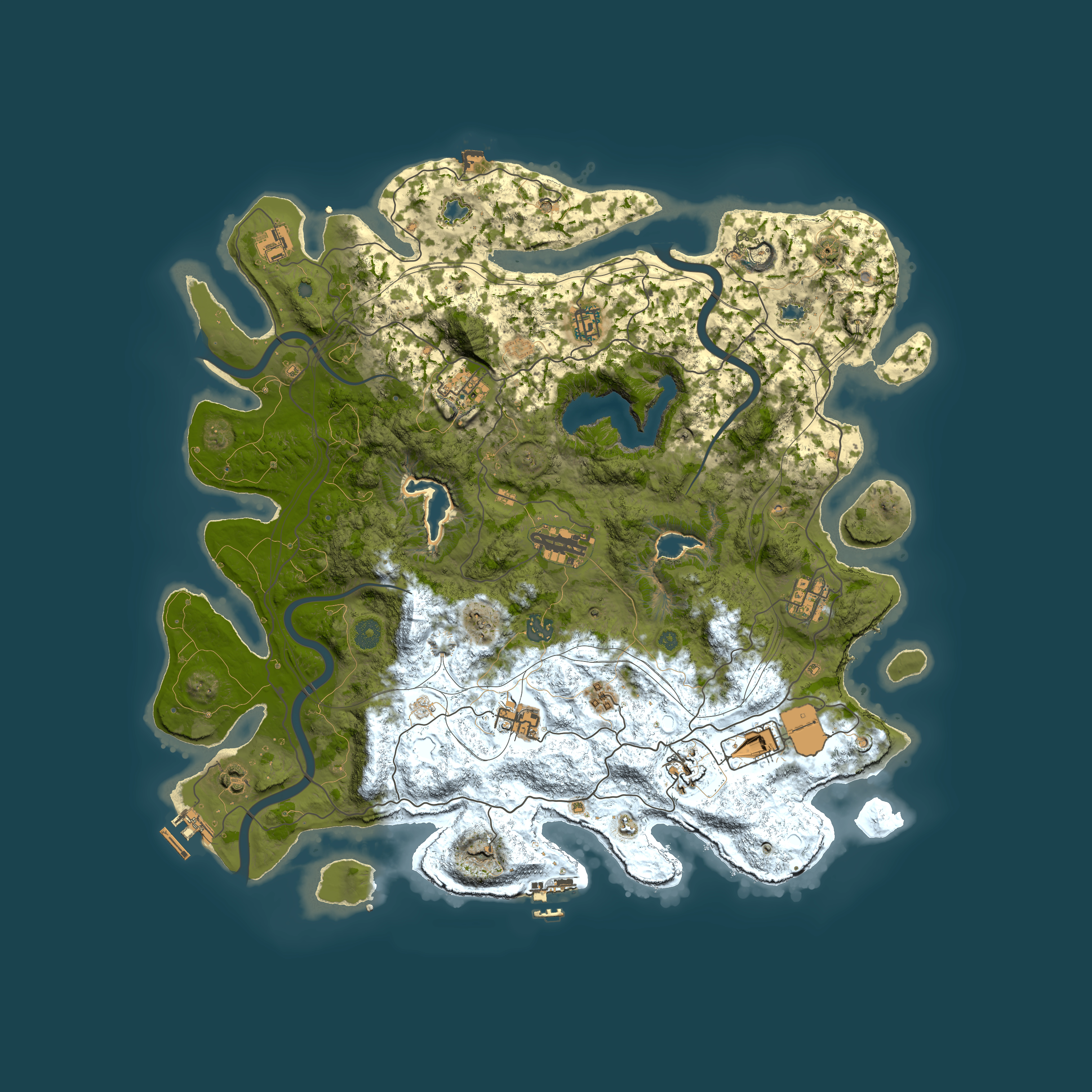 Full top-down render of Rust map seed 0, 4500x4500m
