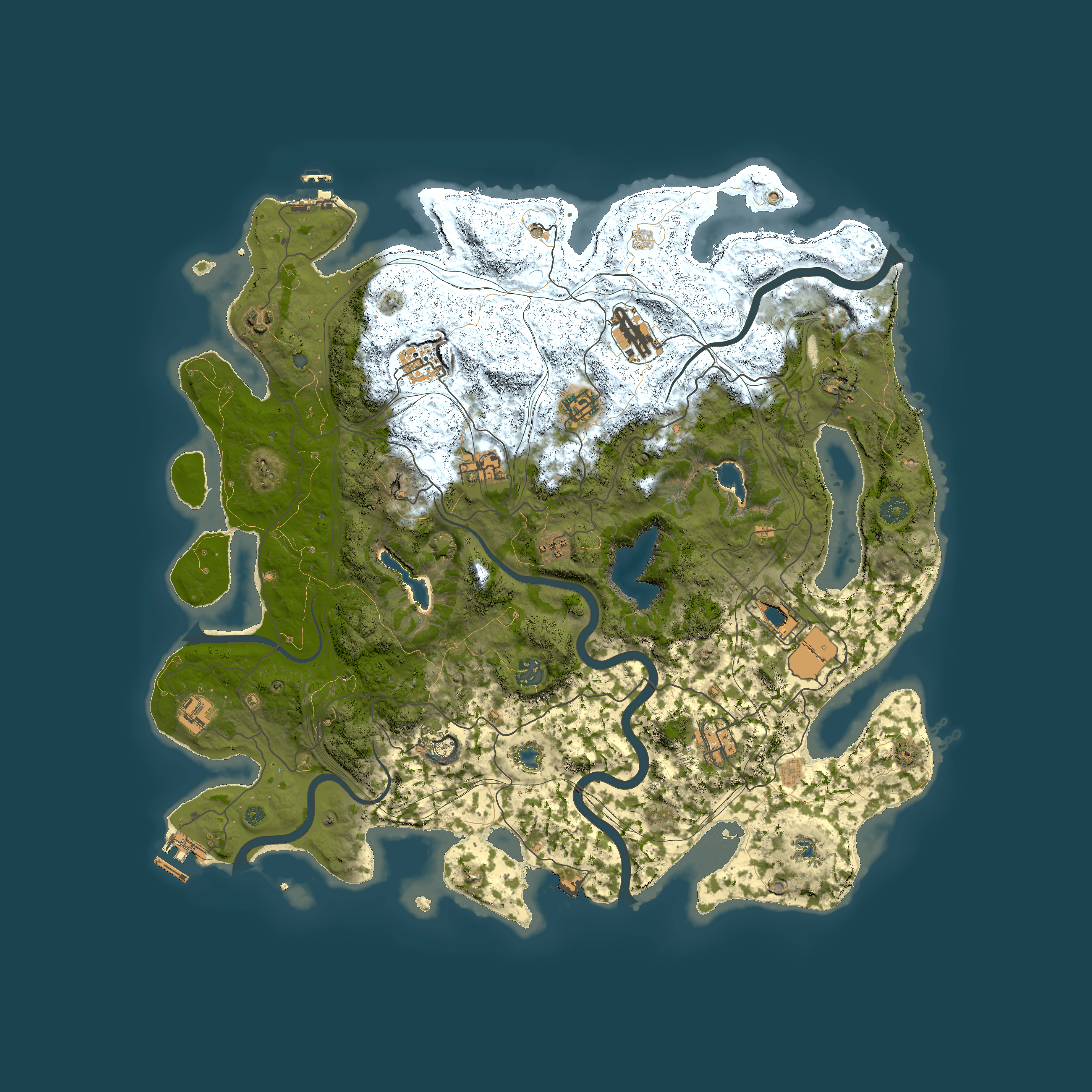 Full top-down render of Rust map seed 0, 4500x4500m