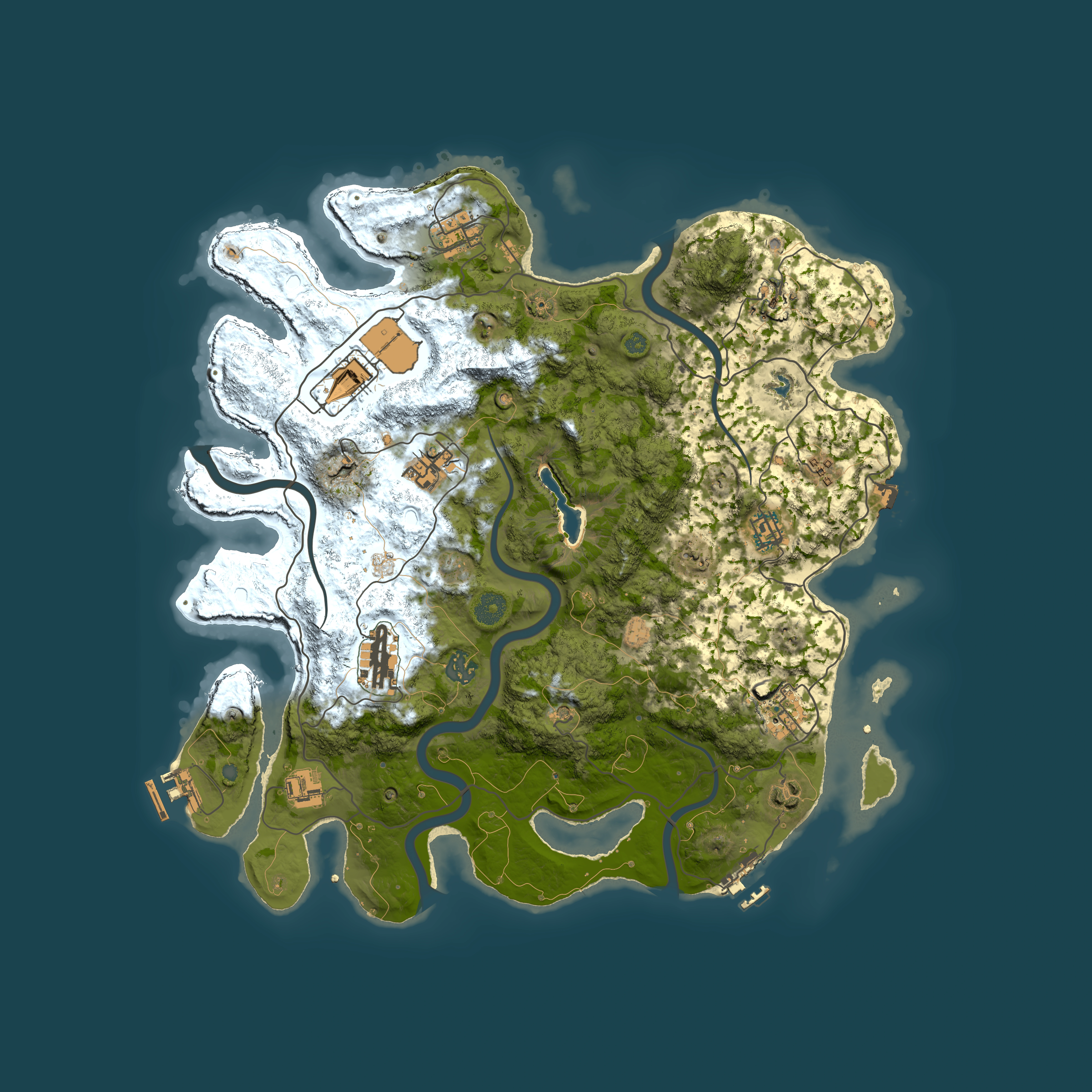 Full top-down render of Rust map seed 0, 4000x4000m