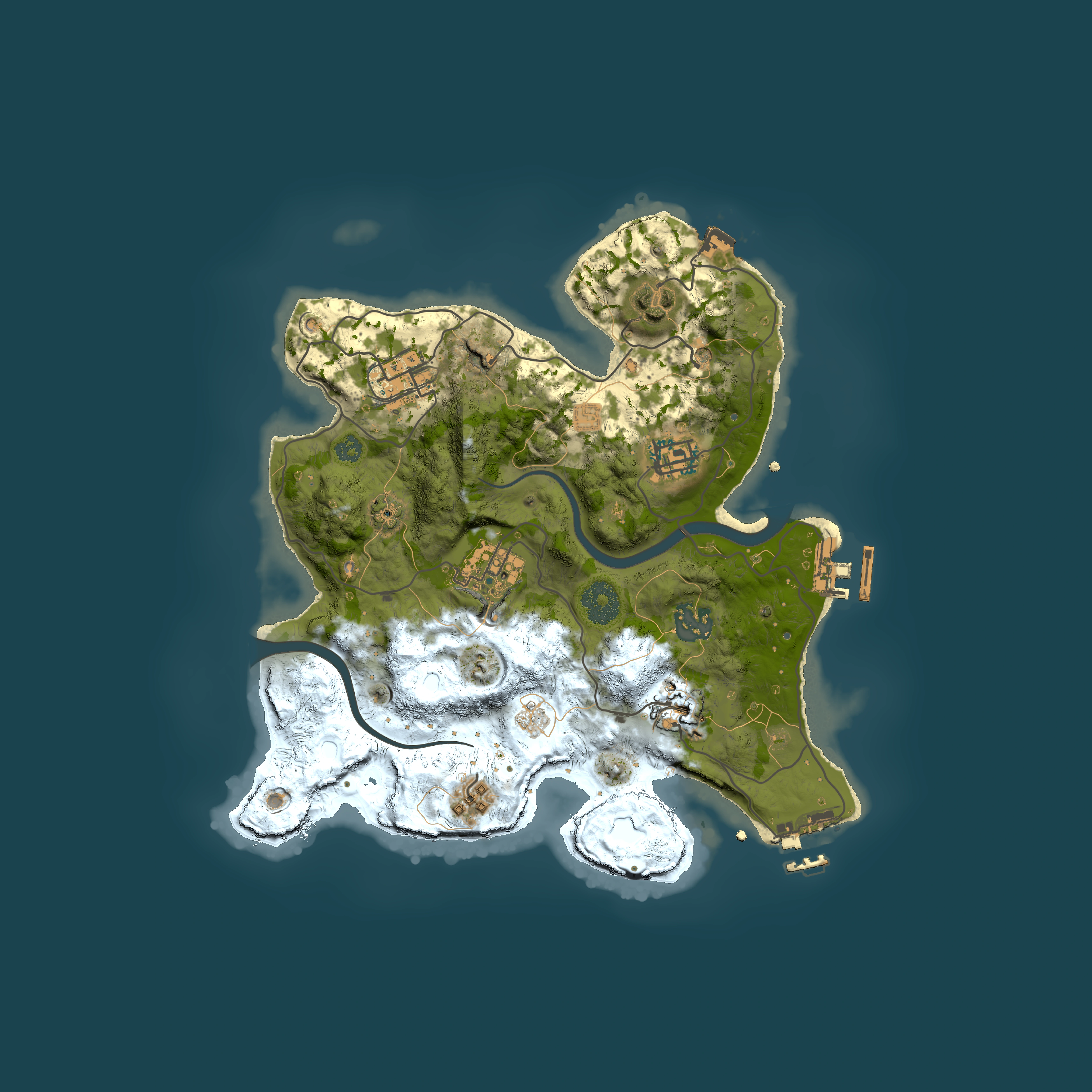 Full top-down render of Rust map seed 2134764444, 3000x3000m