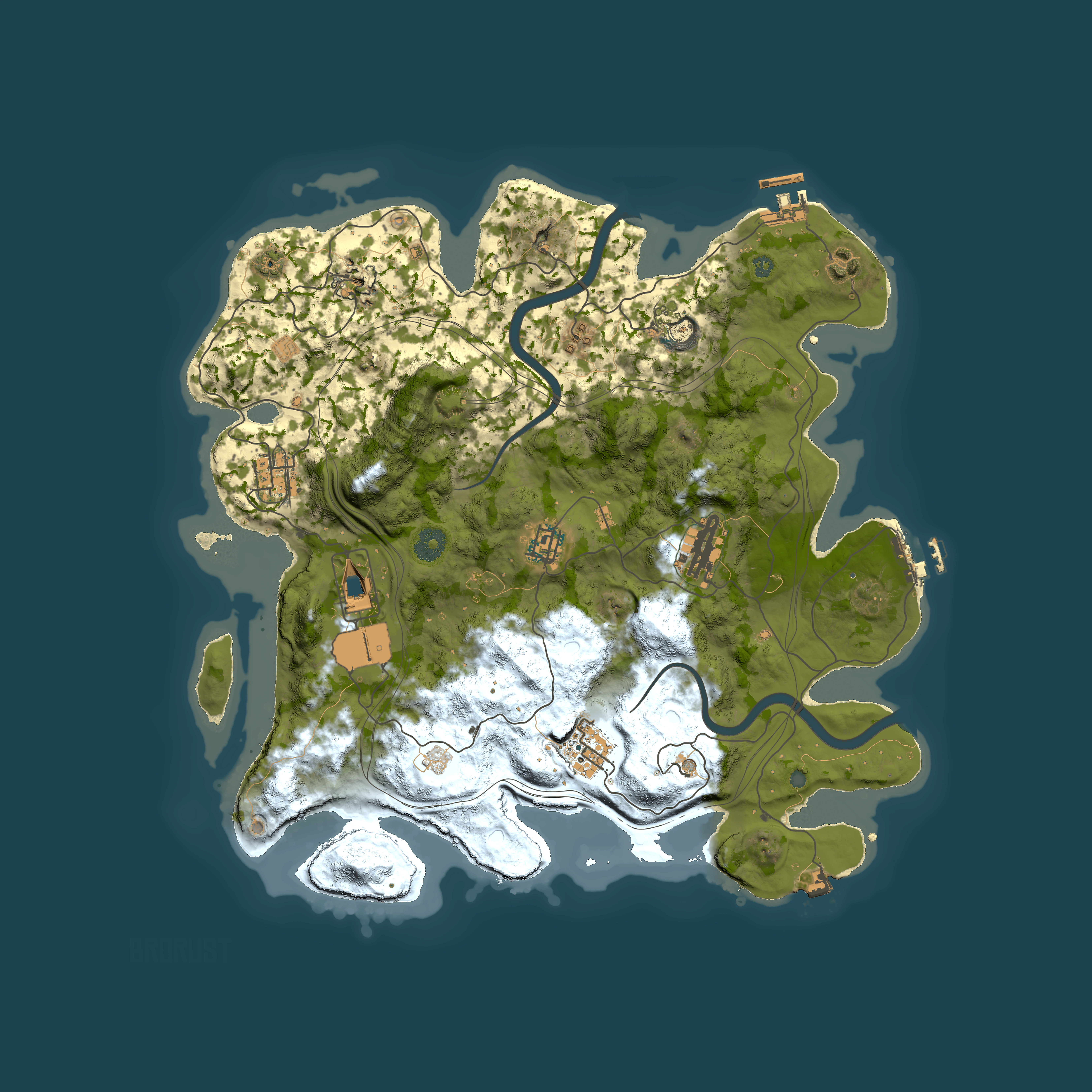 Full top-down render of Rust map seed 31509, 3800x3800m