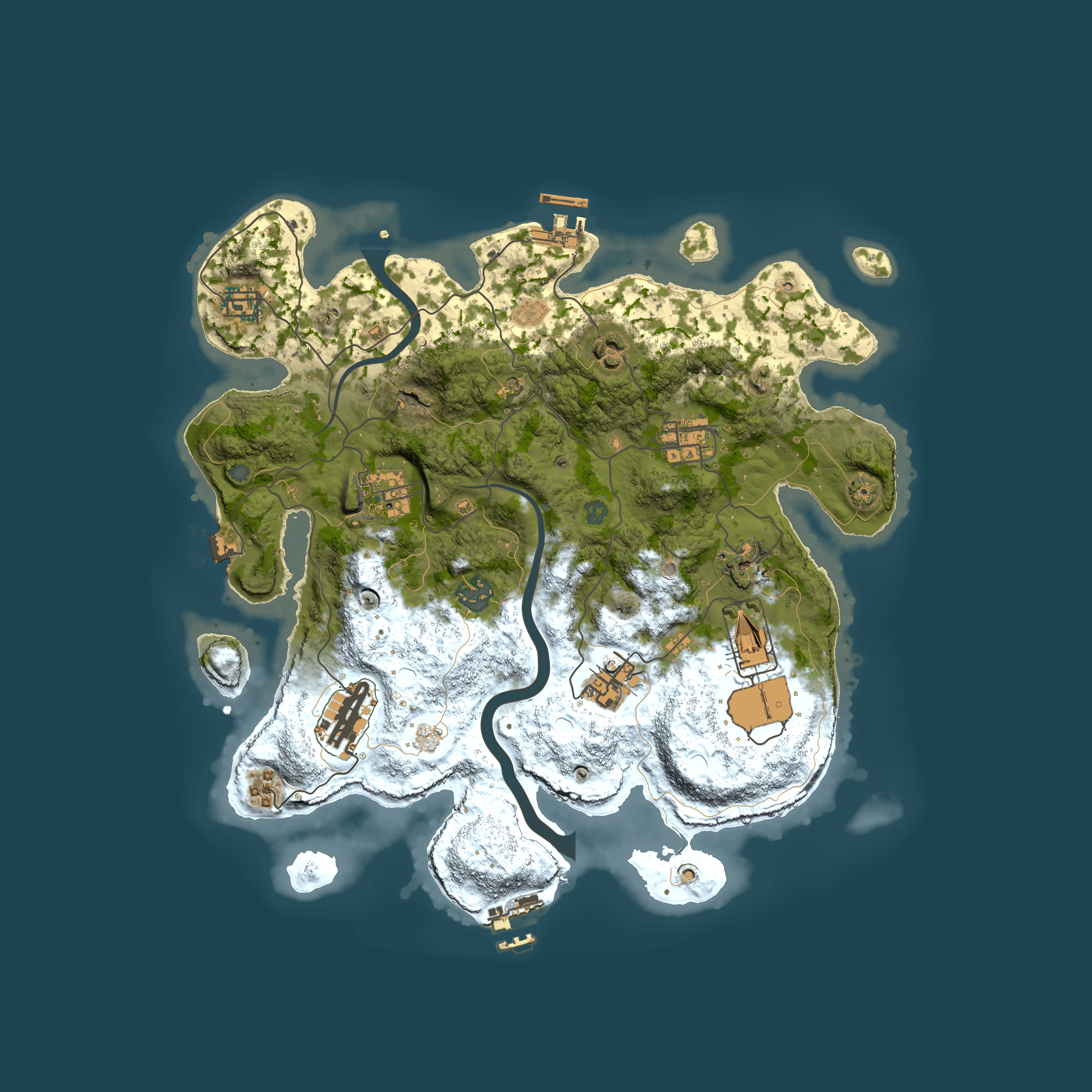 Full top-down render of Rust map seed 0, 3500x3500m