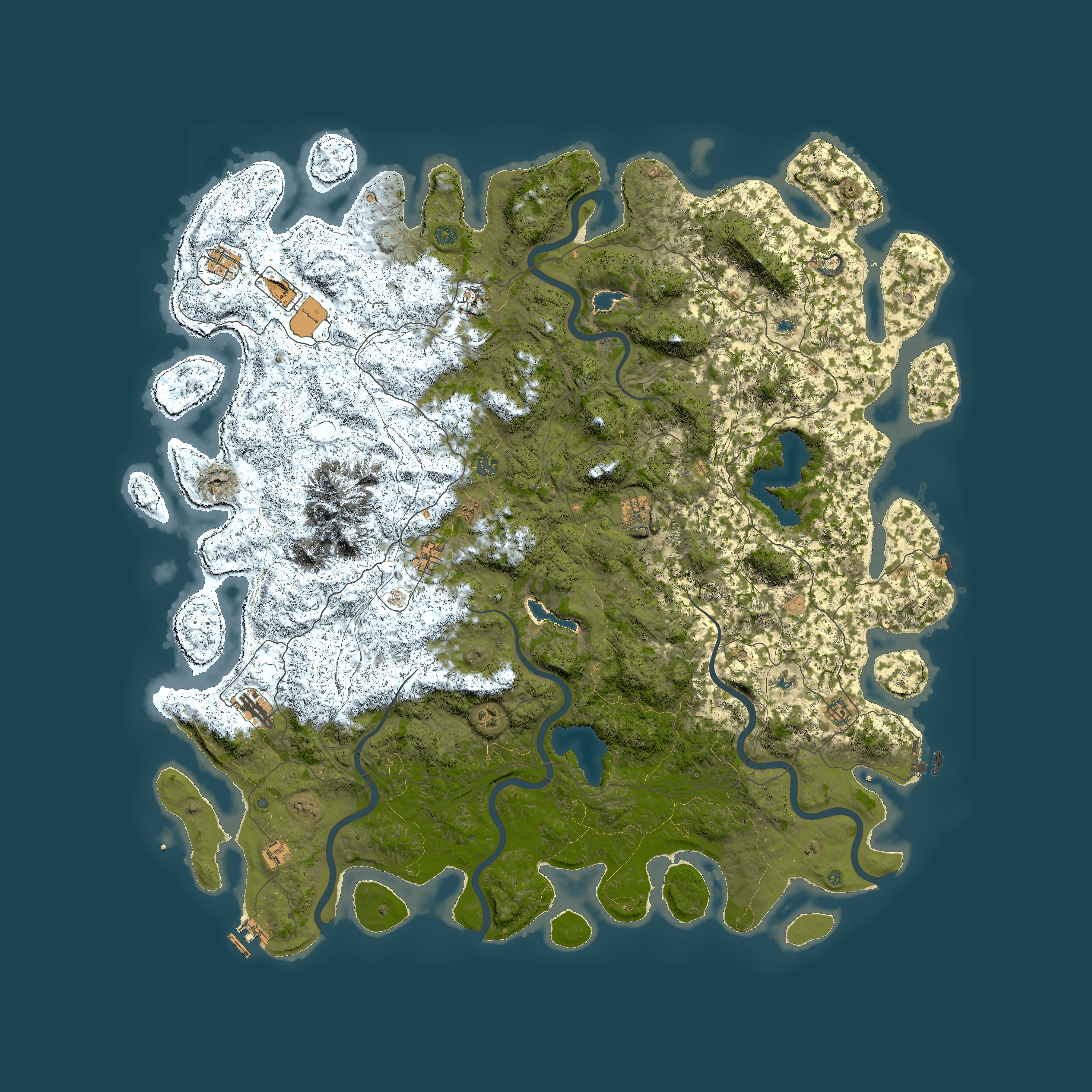 Full top-down render of Rust map seed 494070247, 6000x6000m