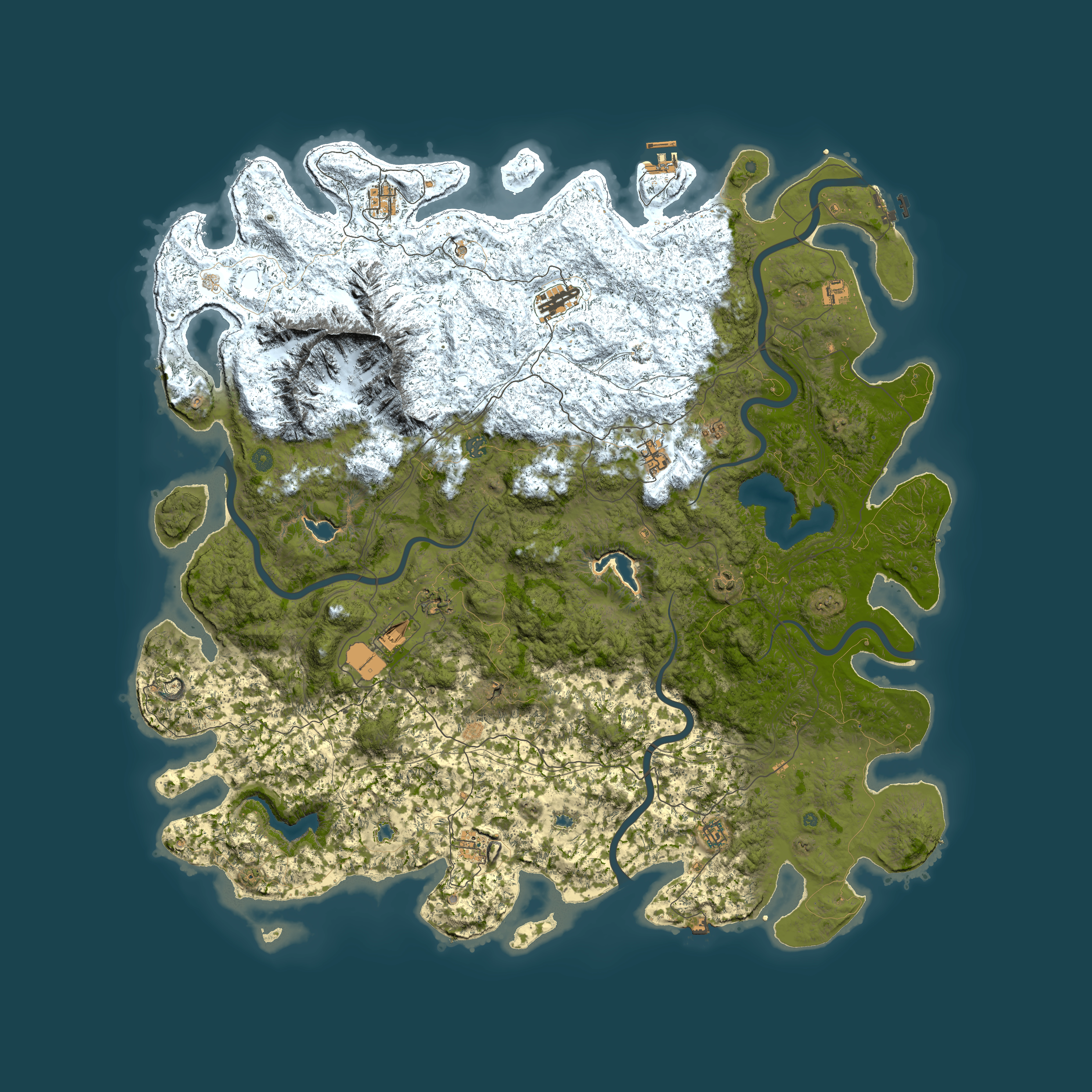 Full top-down render of Rust map seed 1985697311, 6000x6000m