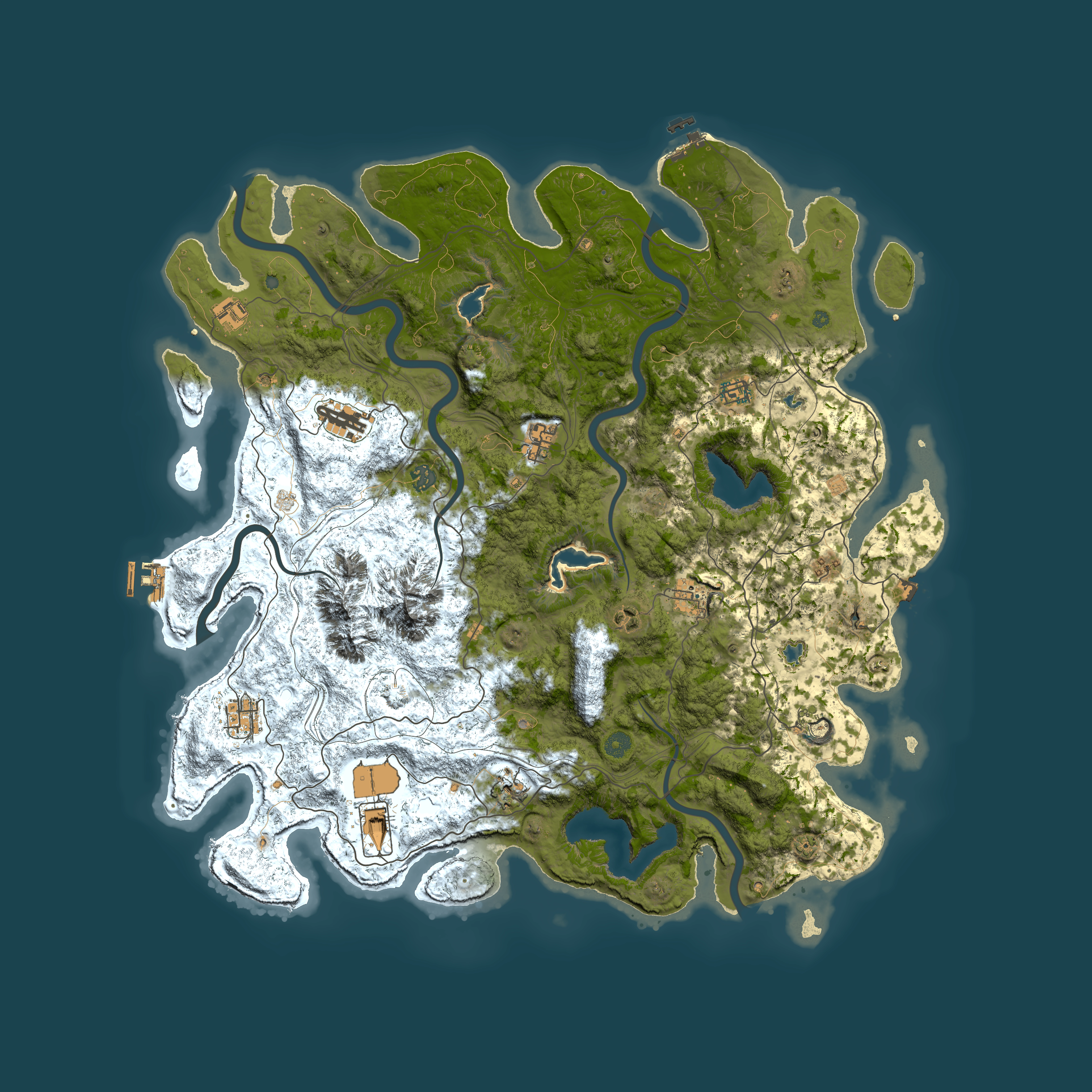 Full top-down render of Rust map seed 307689763, 5000x5000m