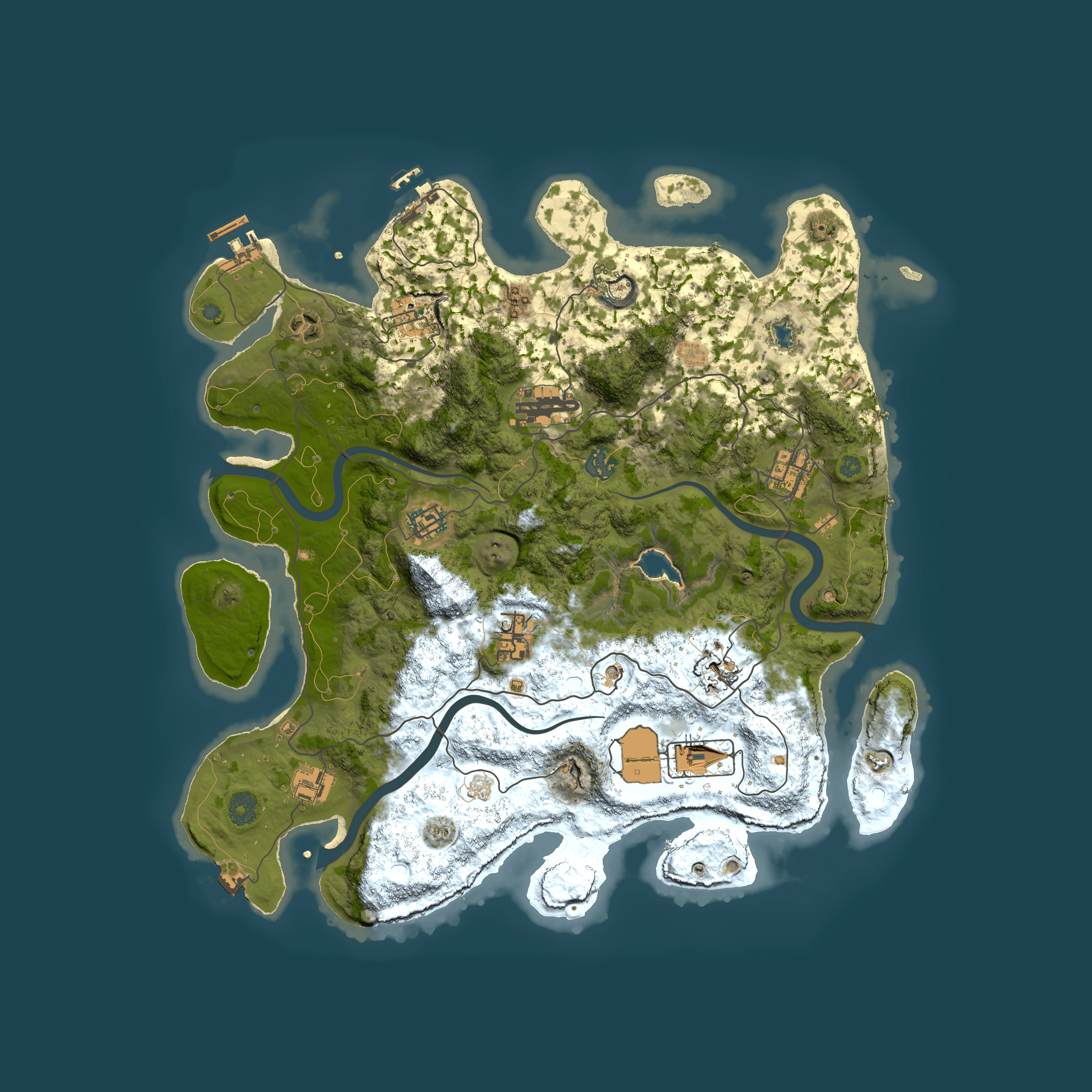 Full top-down render of Rust map seed 129258435, 4000x4000m