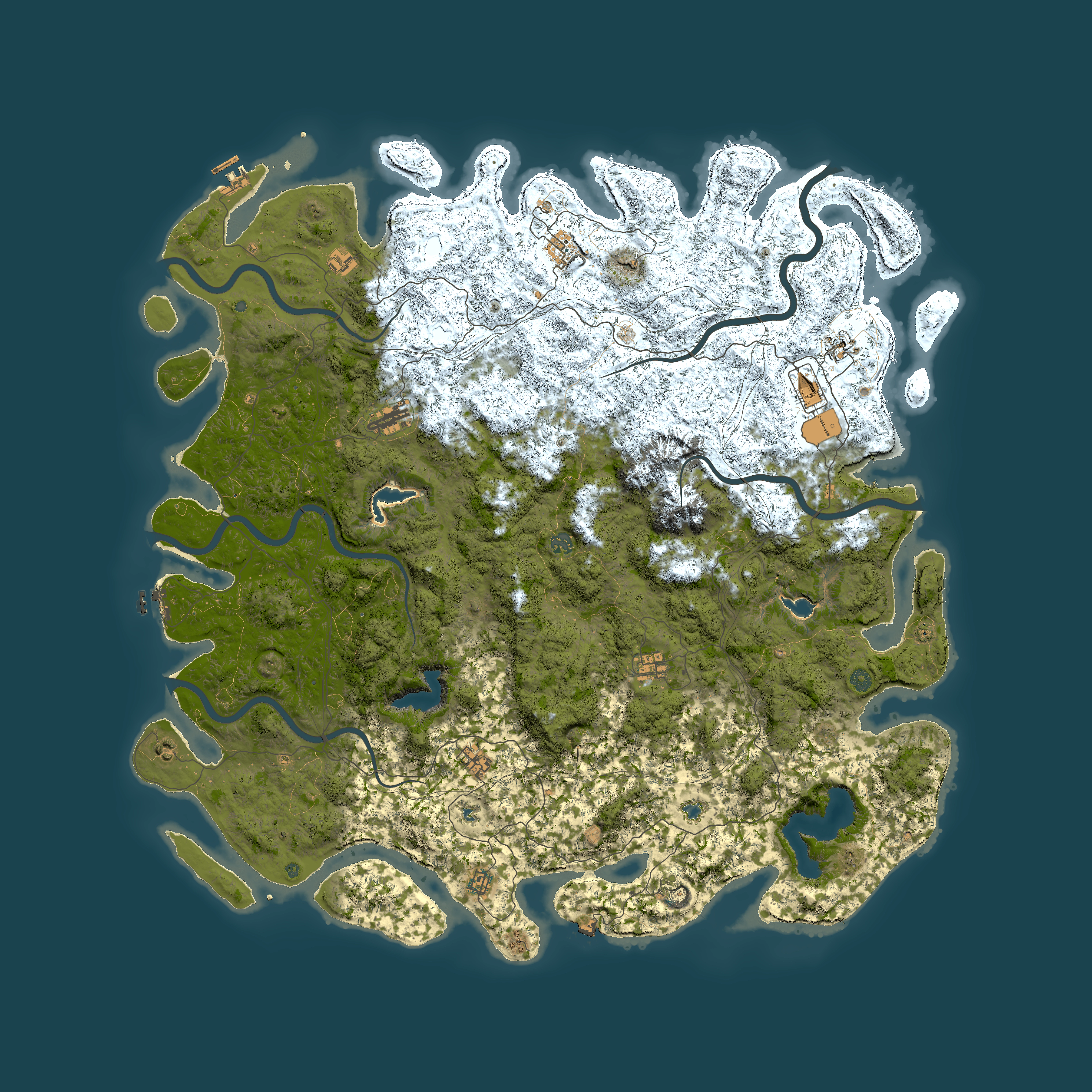 Full top-down render of Rust map seed 167233947, 6000x6000m