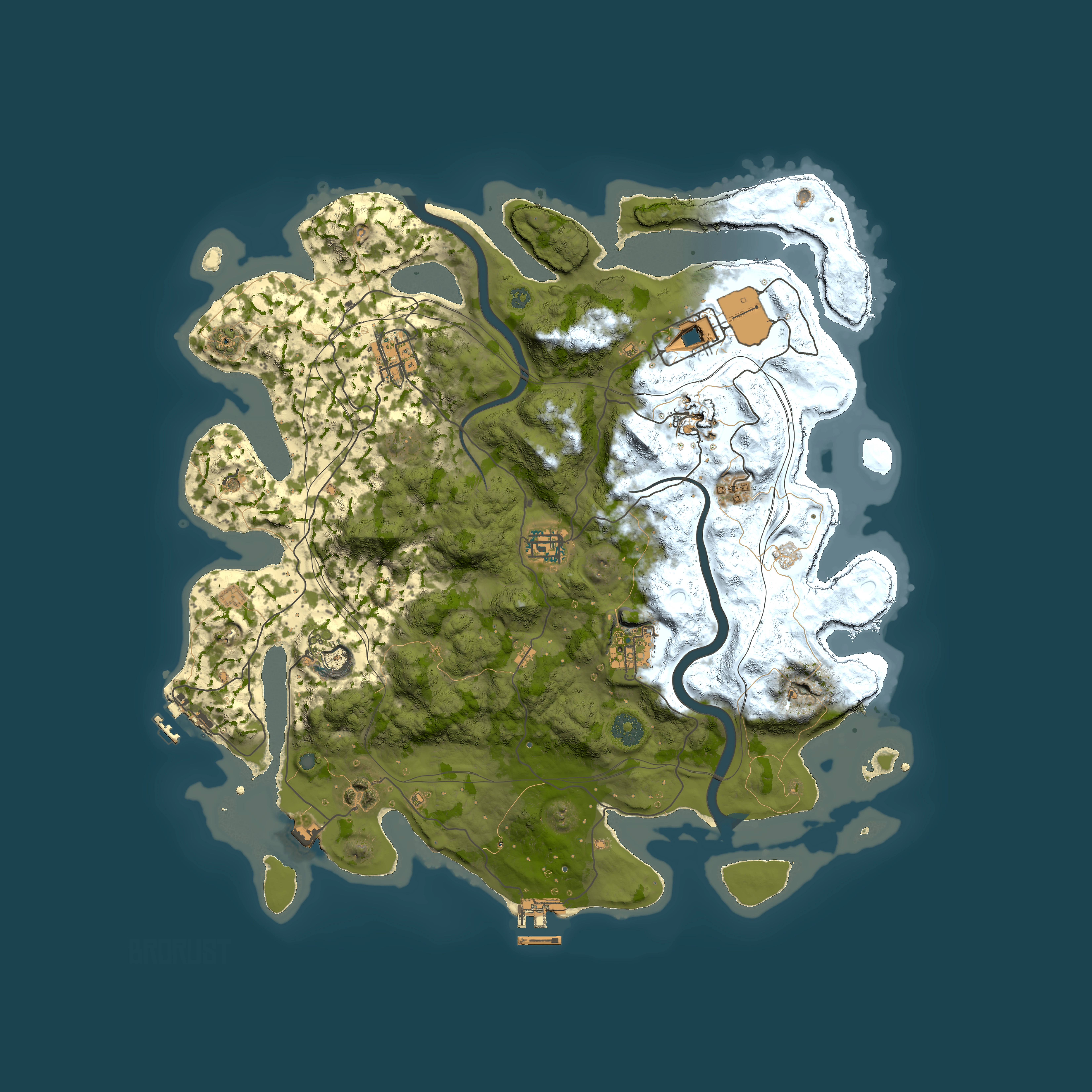 Full top-down render of Rust map seed 31909, 3900x3900m